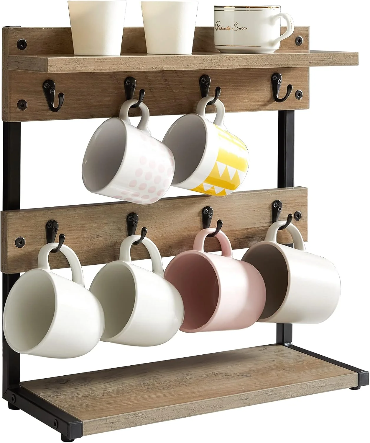 Organic Ibuyke Rustic Coffee Mug Holder Stand 2 Tier Countertop Mug Tree Holder Rack with Storage Base Vintage Mug Holders for Kitchen Holds 8 Mugs Lightweight