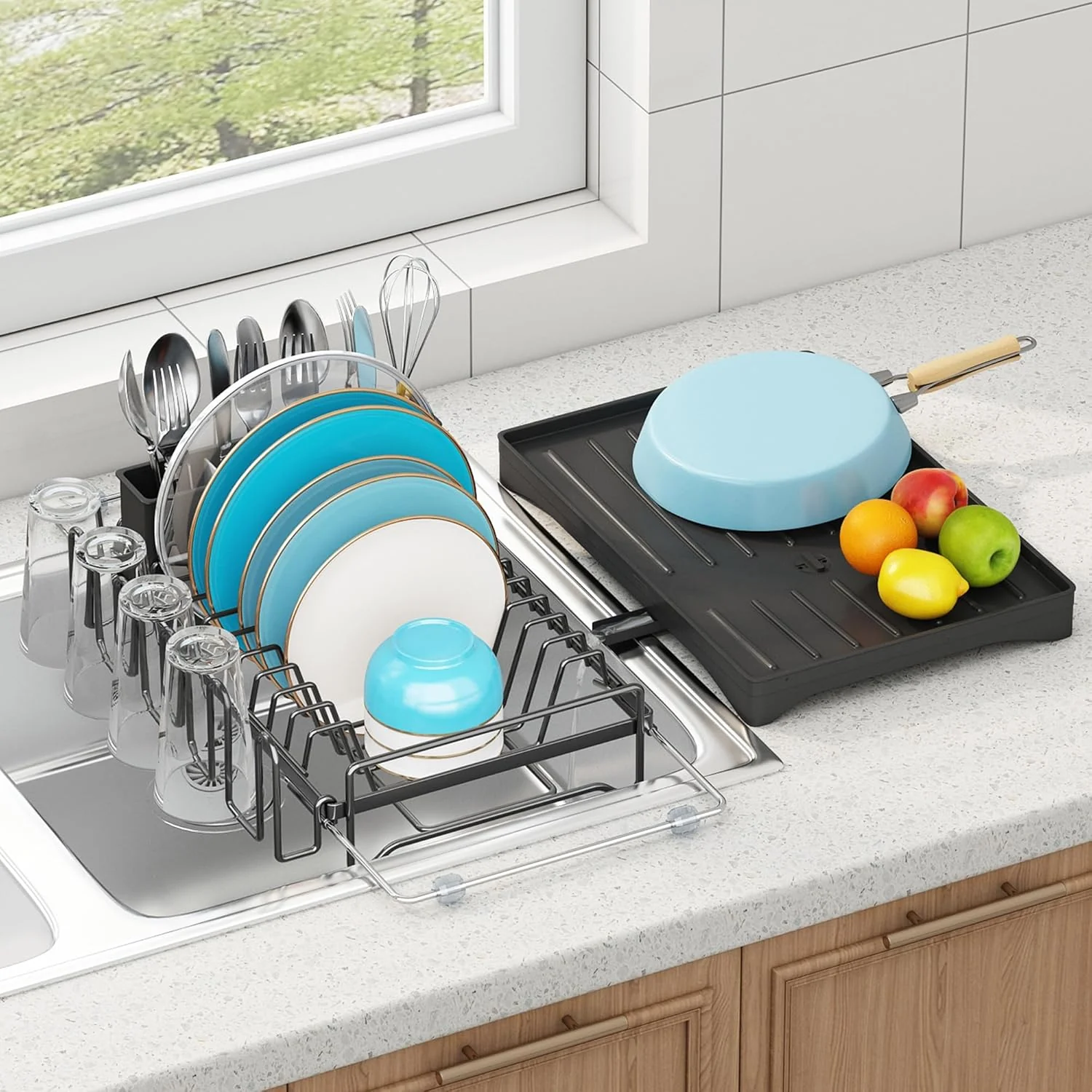 Stylish Antopy Dish Drying Rack in Sink Expandable Rustproof Dish Rack for Kitchen Counter Over The Sink Dish Drainer with Utensil Holder Cup Rack Premium