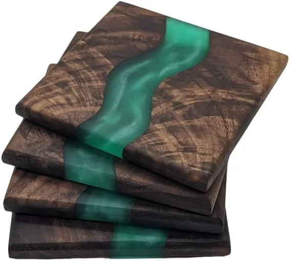 Dependable Wood Coaster Set for Drinks Handmade with Dark Walnut amp Natural Wood Sealant Finish for Water Resistance Easy Cleaning amp No Stains Epoxy Resin River 4 Pieces Green Sophisticated