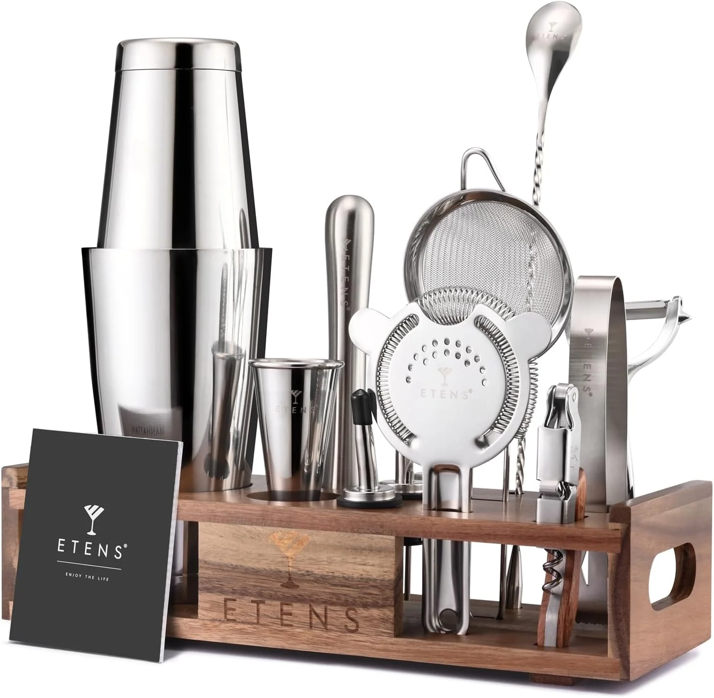 Expertly Made Premium 15-Piece Mixology Bartender Kit – Stainless Steel Cocktail Shaker Set with Wooden Stand Solid
