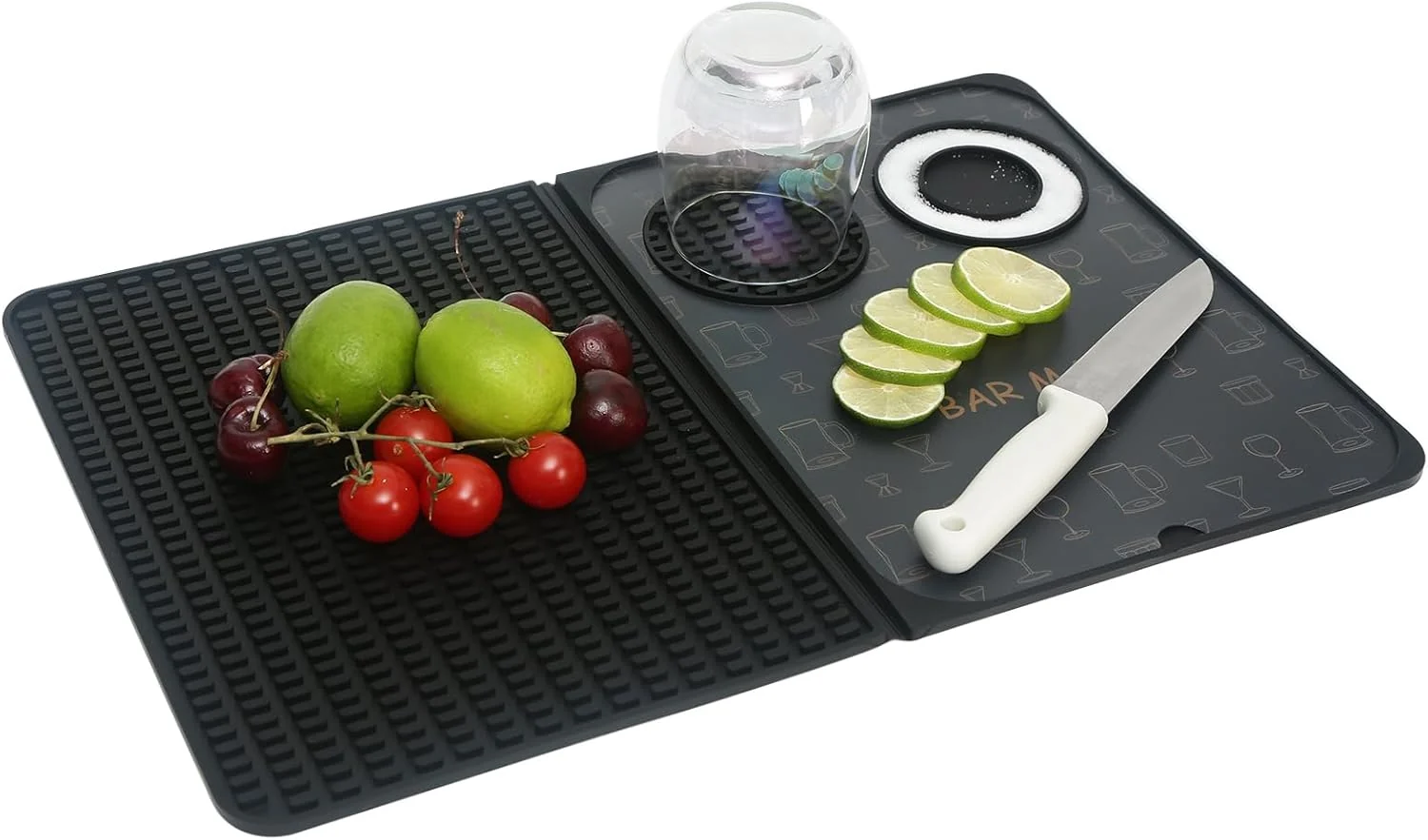 Organic Foldable Bar Mat 18x12 inch - 3-in-1 Silicone Drying Mat with Removable Cutting Board Rim Tray Countertop Protector for Home Outdoor Travel High-Grade
