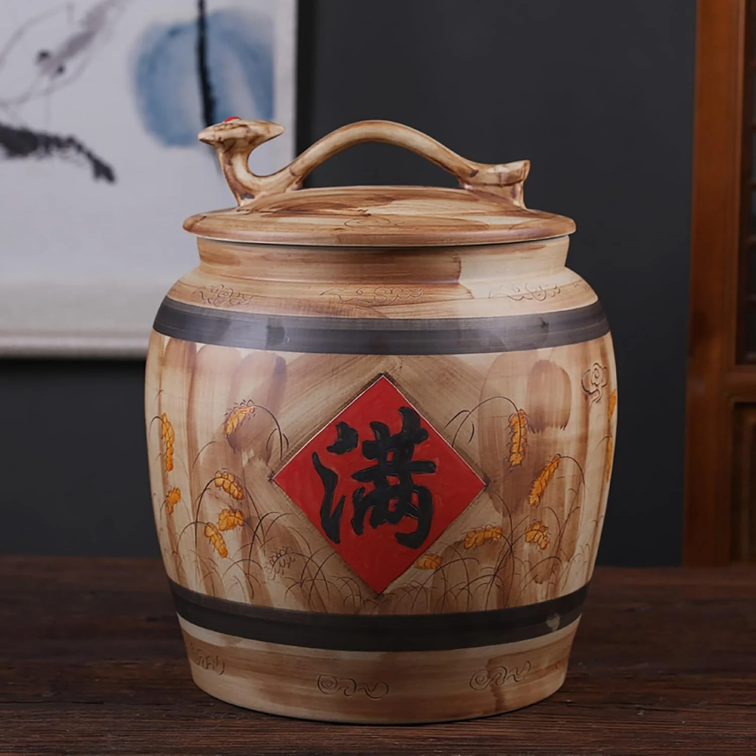 High-End Ceramic Rice Storage Container Sealed Rice Bucket Grain Dispenser Food Storage Jars Chinese Jar Ceramic Decorative for Ce Flour Sugar Coffee Rice 35 28.5cm 13.7 11.2in Eco-Friendly