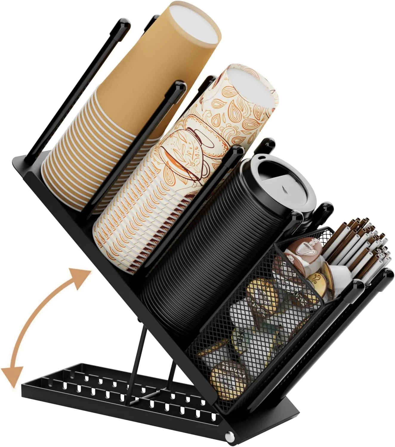 Fine Coffee Cup and Lid Holder - 4 Compartments Plastic Paper Cups Dispenser 8 Tilt Angle Adjust 100pcs 8-22oz Disposable Cups Holder with Straw Basket for Coffee Bar Station Countertop Breakroom Black Authentic