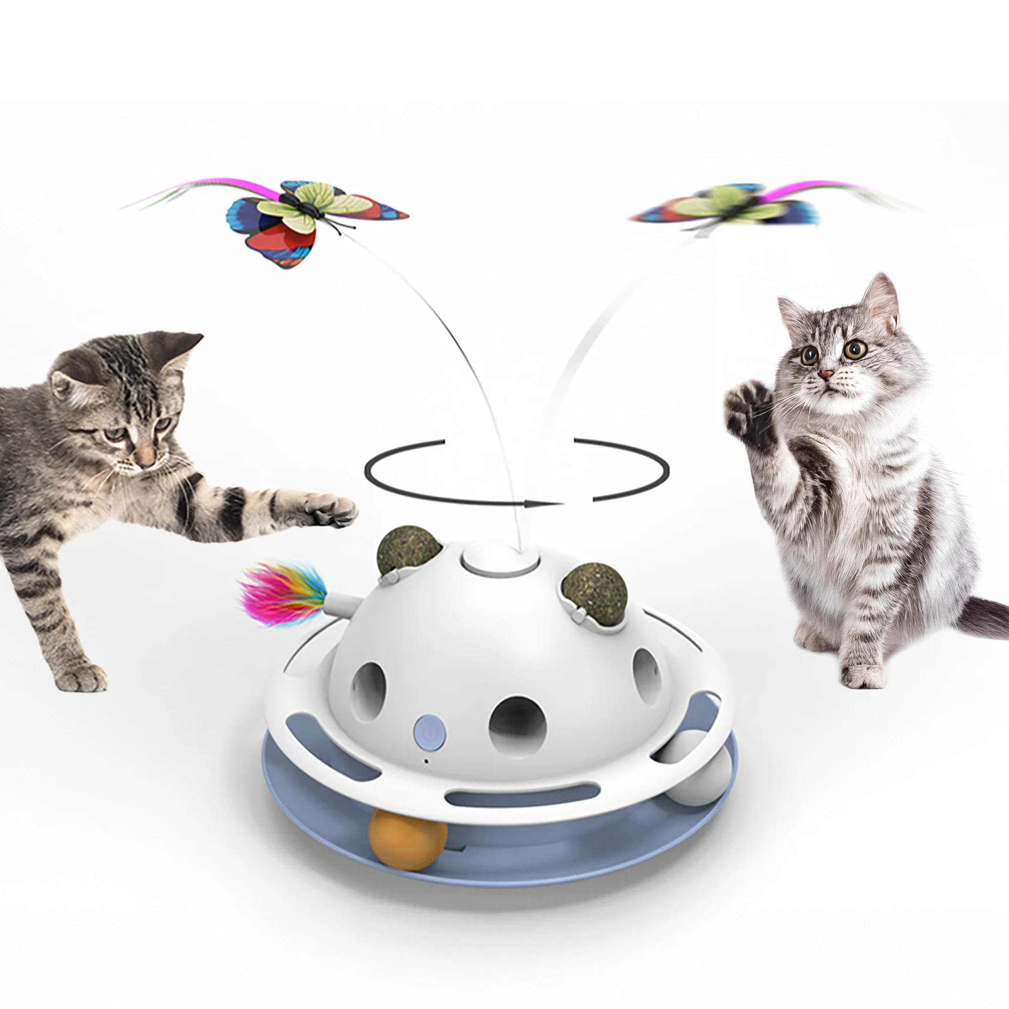 Fashionable PawsPik® Feather Frenzy 4-Function Interactive Cat Toy with Catnip Balls White Elite