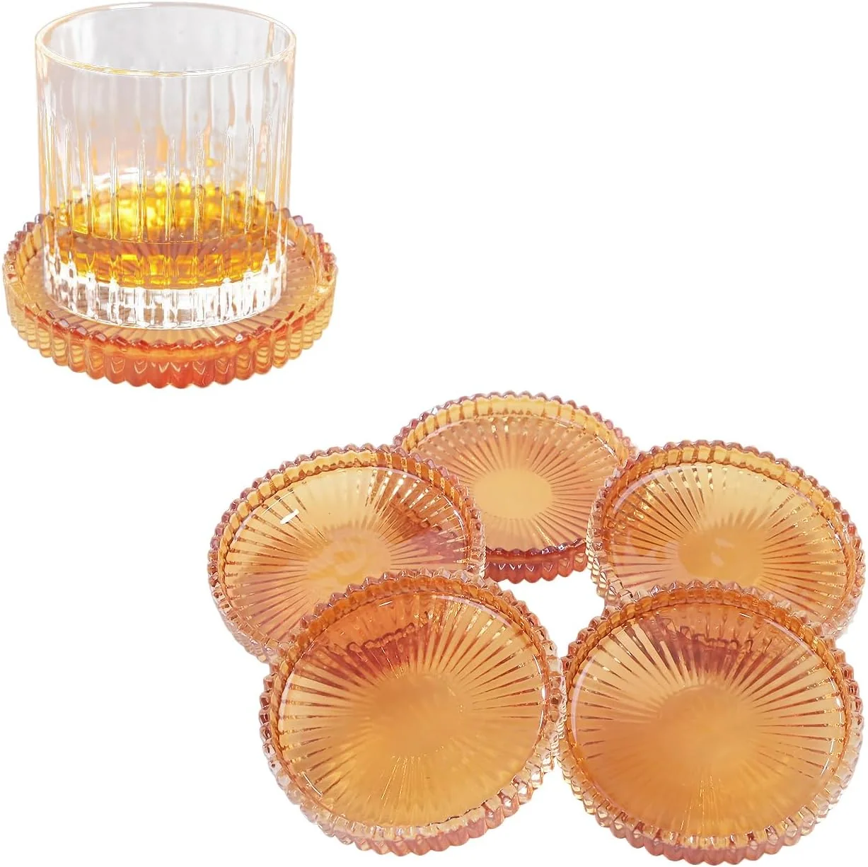 Detailed Glass Coaster 6 Pack Round Cup Coasters for Drinks Crystal Coffee Coaster Stylish Drink Coasters for Kitchen Bar Dining Room Living Room Office Decor Minimalist