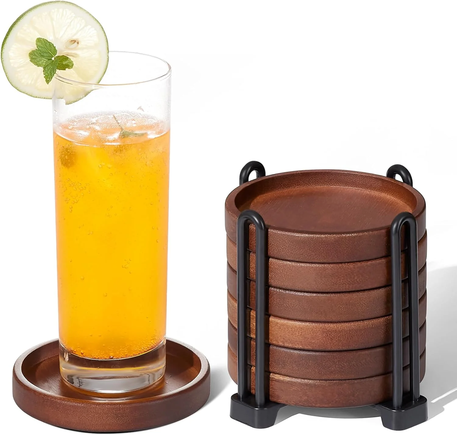 Fine Set of 6 Wooden Coasters With Holder - Coffee Table Coasters for Drinks Modern Home Decor Dining Table Decorative Set Outstanding