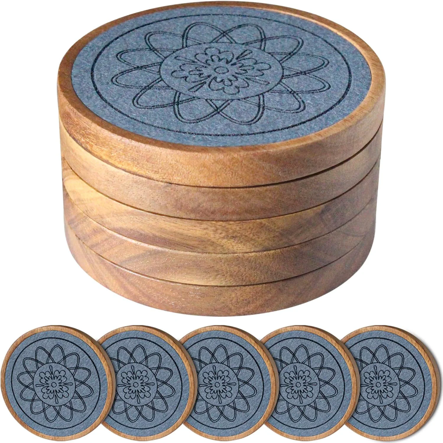 High-Quality Wood Coasters for Drinks Absorbent Coaster Sets of 5 Drinks Coasters for Coffee Tabletop Protection Non-Slip Non-Stick Suitable for Kinds of Cups Wooden Table Hot or Cold Drink 4.3 Inches Modern