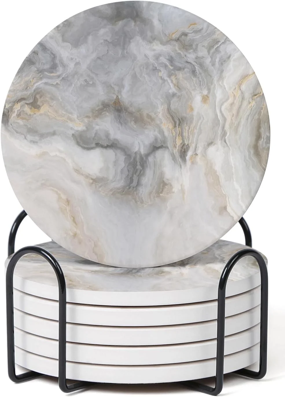 Outstanding Set of 6 Abstract Gray White Marble Coasters with Holder Absorbent Ceramic Coasters for Drinks Coasters with Cork Backing for Table Protection Artisan