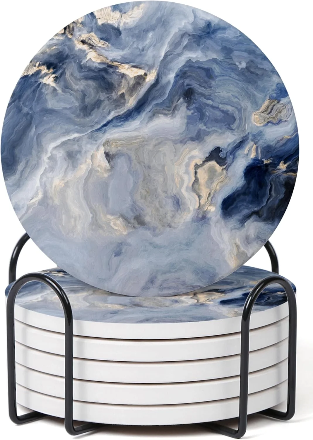 Premium Set of 6 Abstract Navy Blue Marble Coasters with Holder Absorbent Ceramic Drink Coasters for Table Protection Housewarming Gifts for New Home Carefully Designed