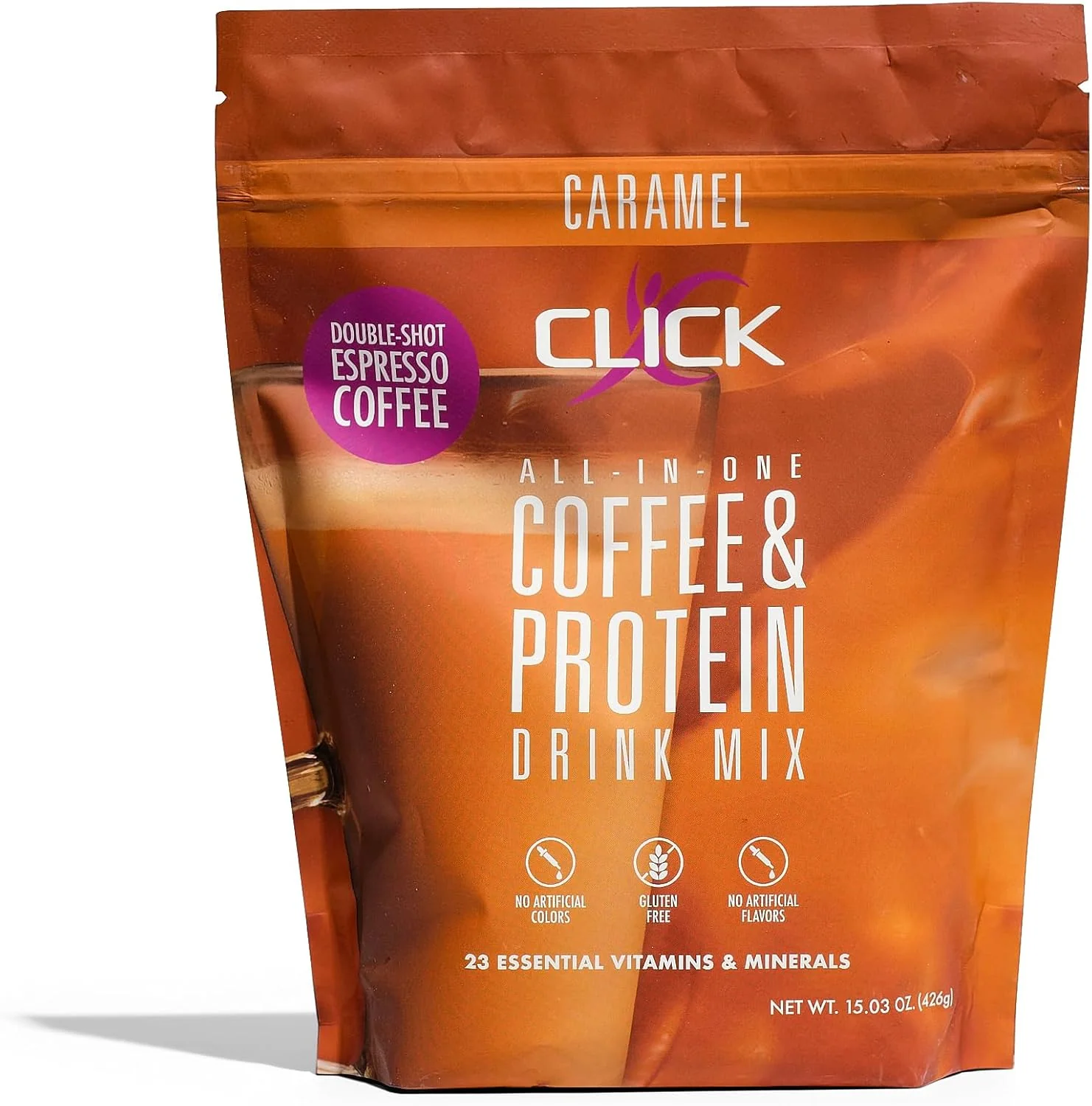 Organic Click Coffee Protein Powder Double Shot Espresso 16g Protein 23 Essential Vitamins Low Calorie Meal 150mg Caffeine Gluten Verified