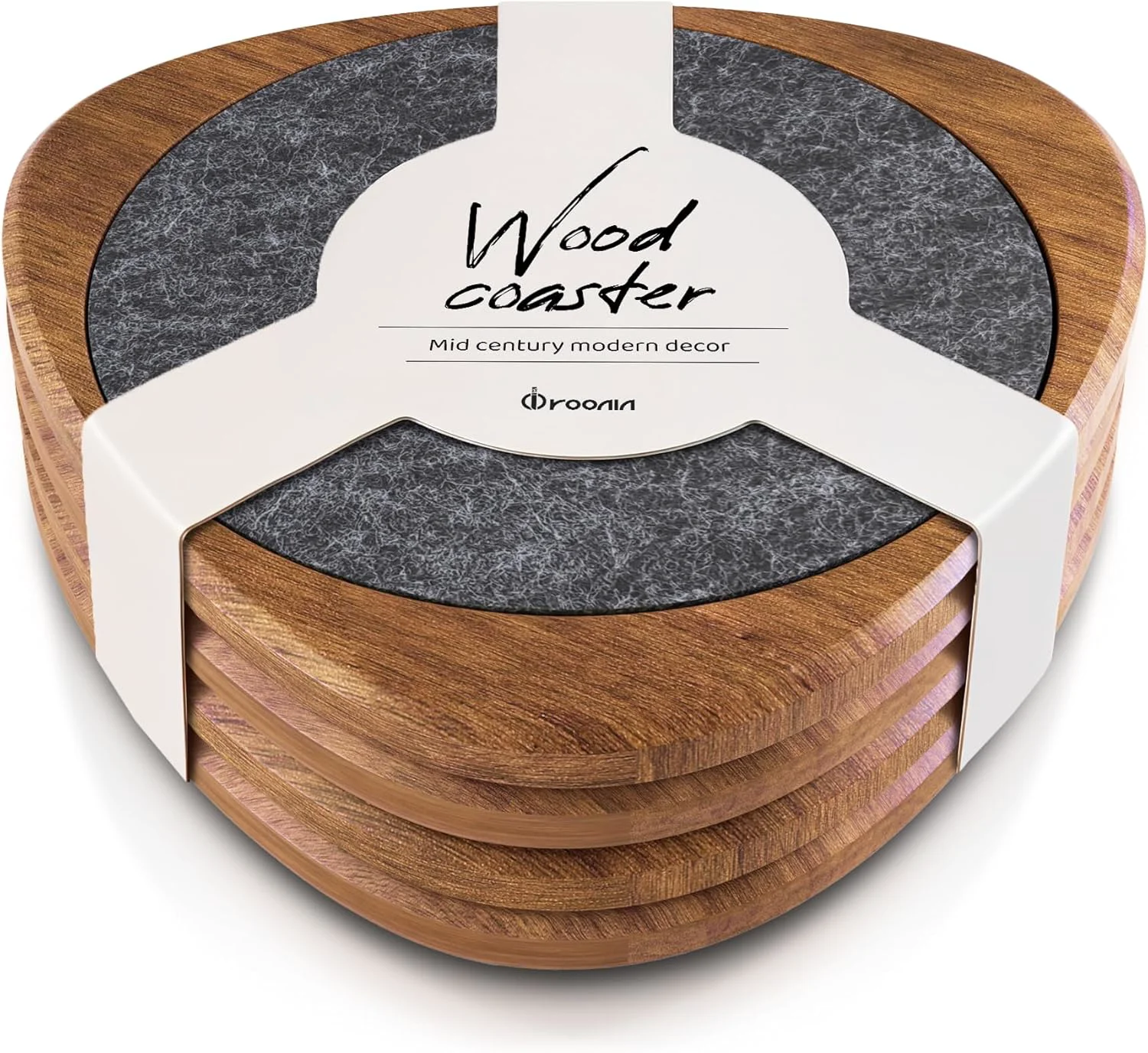 Long-Lasting Roonin Mid Century Modern Decor Coasters Set of 4 - Absorbent Coaster - Felt Coaster MCM Decor - Midcentury Modern Wooden Coasters for Drink Professional