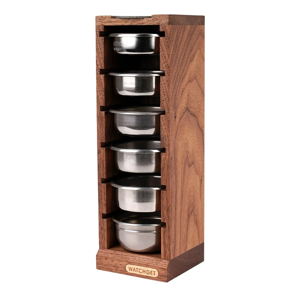 Smart watchget 58mm Espresso Filter Basket Stand Portafilter Basket Holder Rack Holds 6 Espresso Filter Basket Puck Screen Holder Walnut Wood Elite