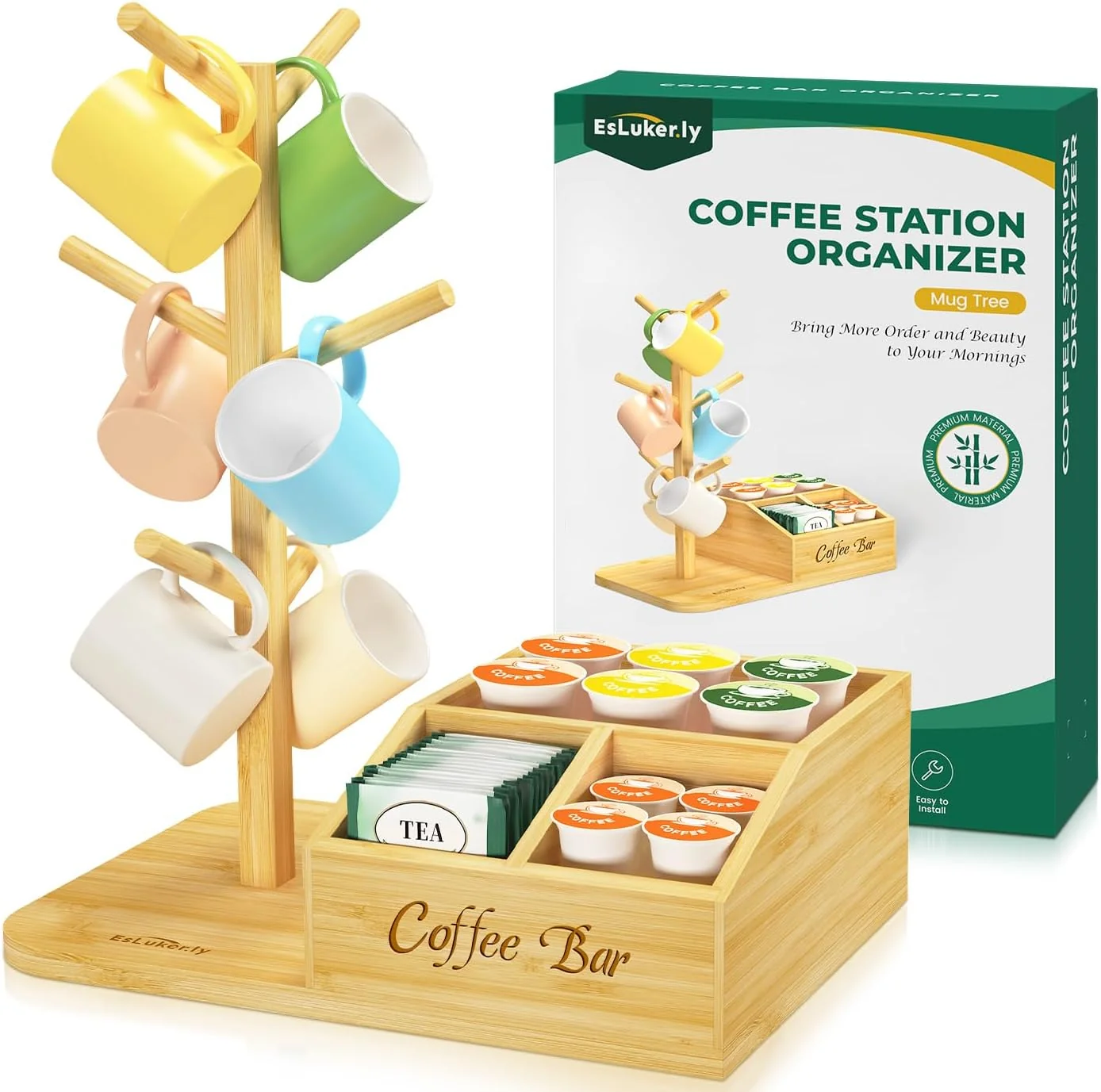 Convenient EsLuker.ly Mug Tree Holder Stand Countertop Bamboo Coffee Cup Organizer Rack for Kitchen Office Specialty