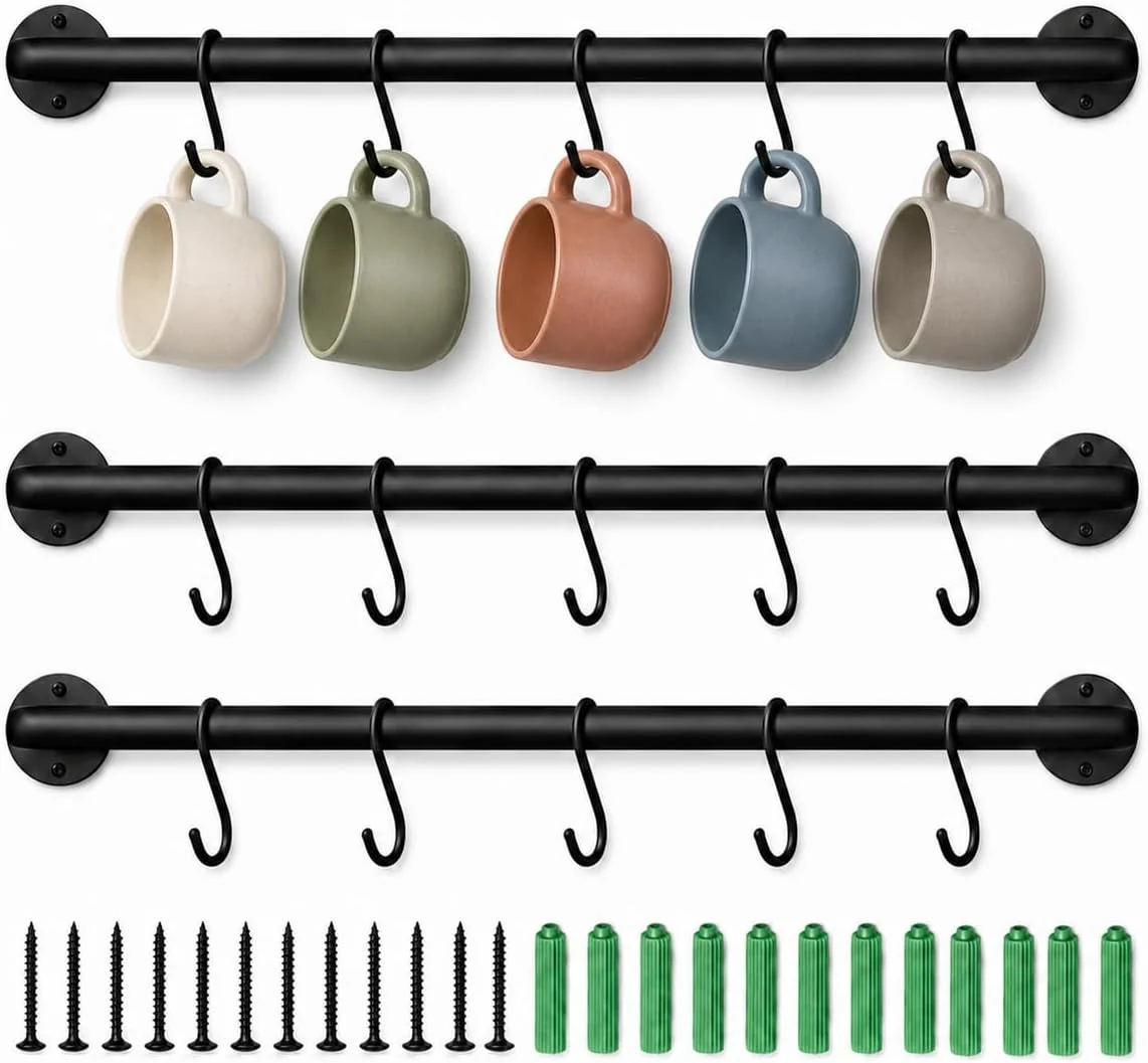 Detailed Coffee Mug Holder Wall Mounted 3 Pack Coffee Cup Rack with 12 Removable Hooks 16.5 Inch Metal Mug Hanger for Coffee Bar Kitchen and Dining Room Black High-Performance