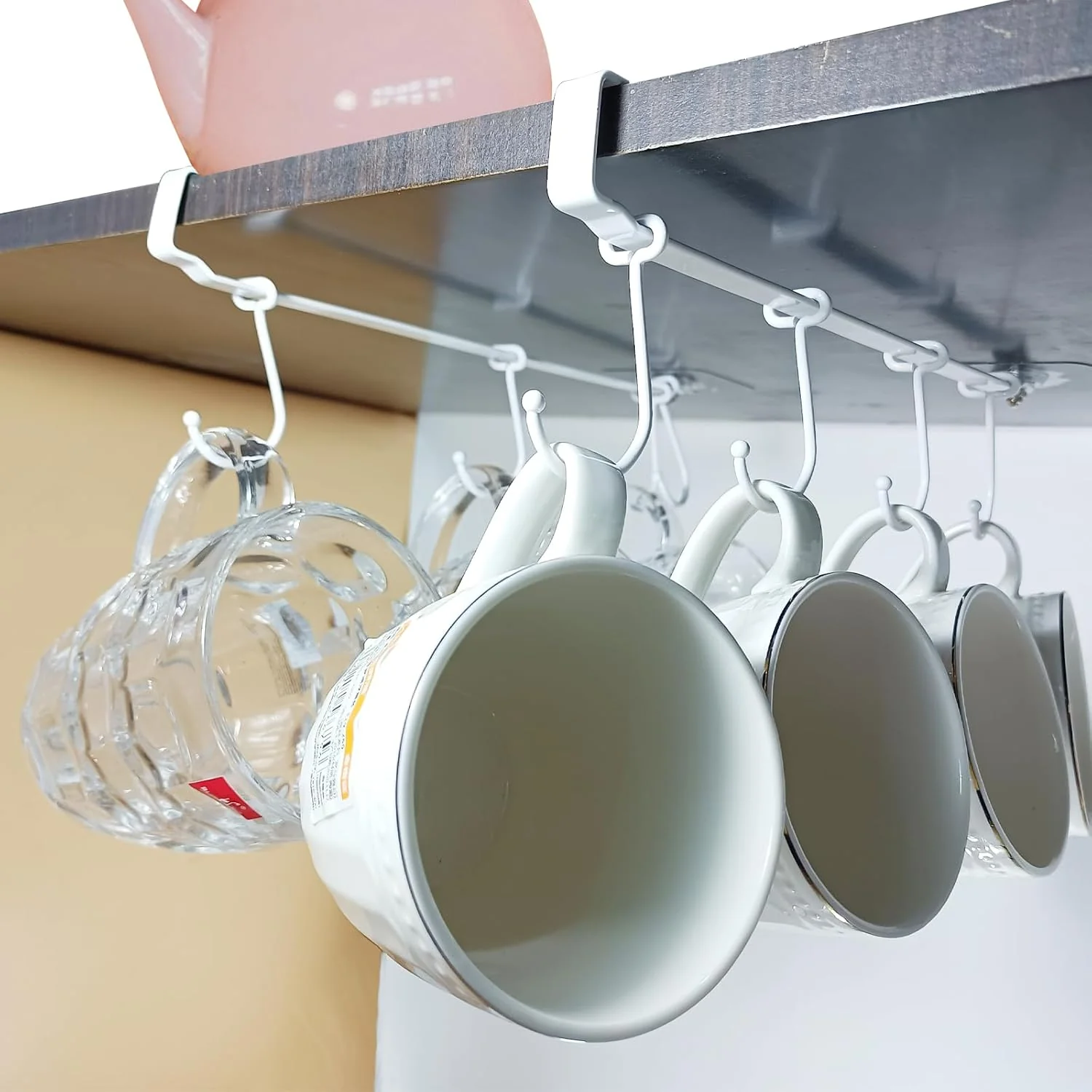 Dependable Adjustable Mug Holder Under Cabinet - Coffee Cup Holder with 8 Mug Hooks Under Shelf - White - Space Saving and Versatile Sophisticated