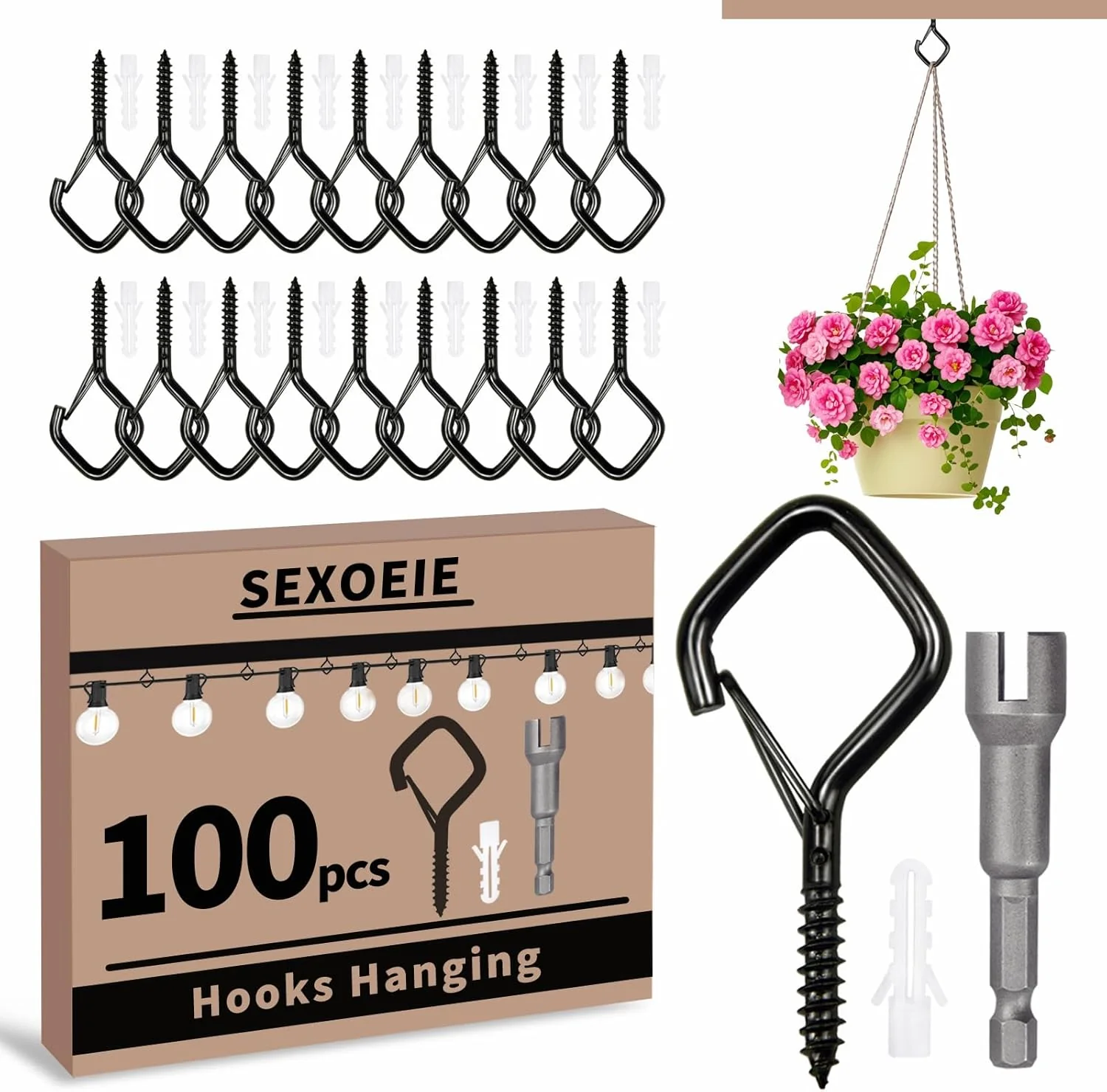 Natural 100 PCS Black Eye Screw Hooks for Hanging Heavy Duty with Safety Buckle.Metal Ceiling Hooks for Hanging Plants Cup Wind Chime Bird Feeders Patio Specialty