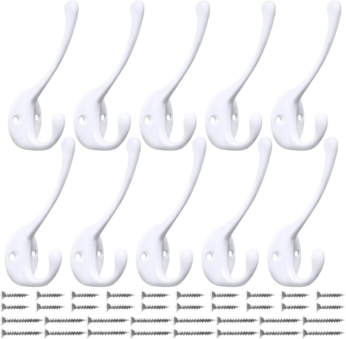 Quality 10 Pack Heavy Duty Dual Coat Hooks Wall Mounted with 20 Screws Retro Double Hooks Utility Black Hooks for Coat Scarf Bag Towel Key Cap Cup Organic