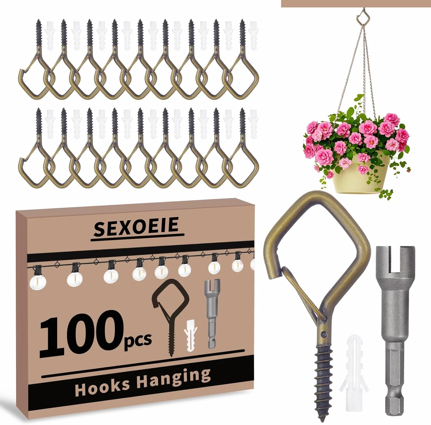 Modern 100 PCS Bronze Eye Screw Hooks for Hanging Heavy Duty with Safety Buckle.Metal Ceiling Hooks for Hanging Plants Cup Wind Chime Bird Feeders Patio Elite