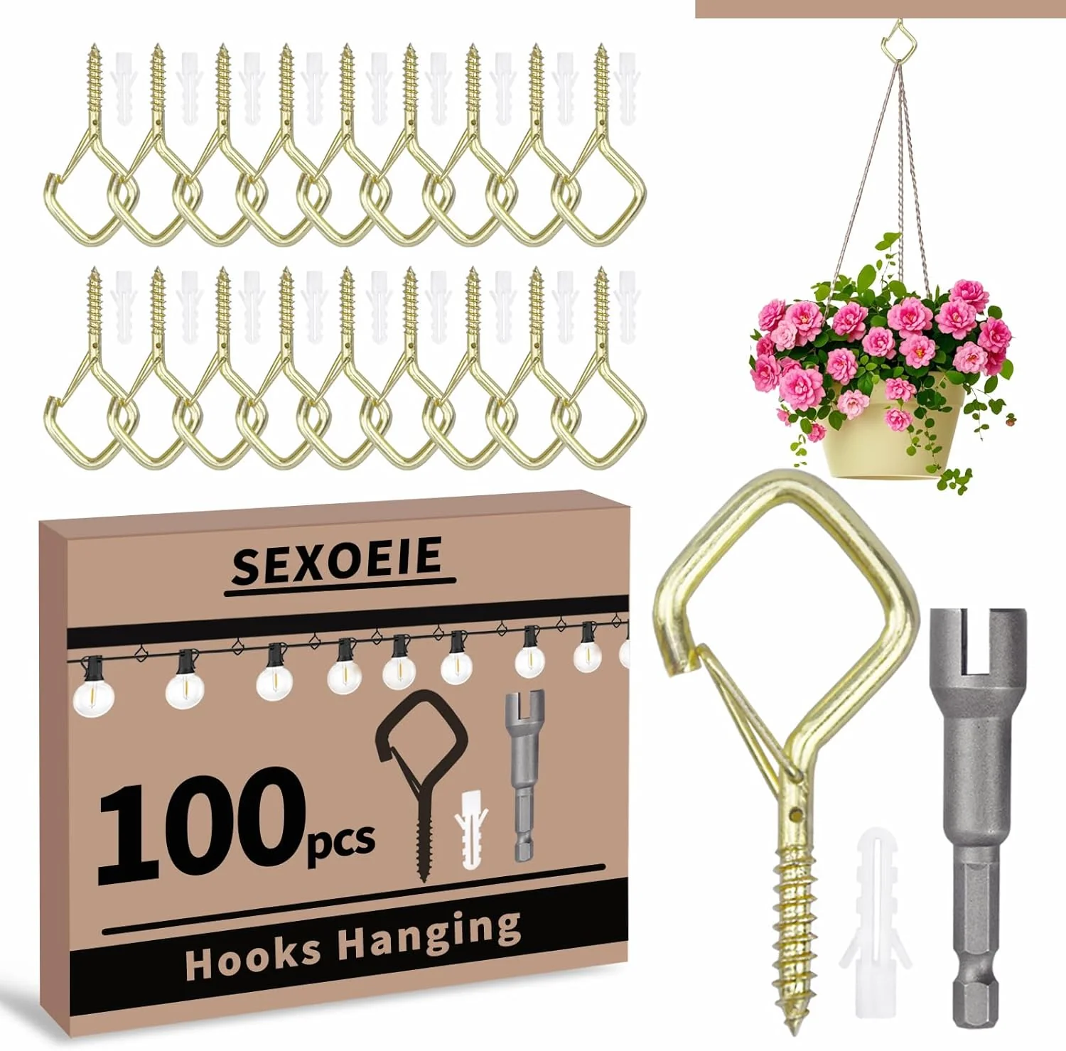 Exceptional 100 PCS Gold Eye Screw Hooks for Hanging Heavy Duty with Safety Buckle.Metal Ceiling Hooks for Hanging Plants Cup Wind Chime Bird Feeders Patio High-End