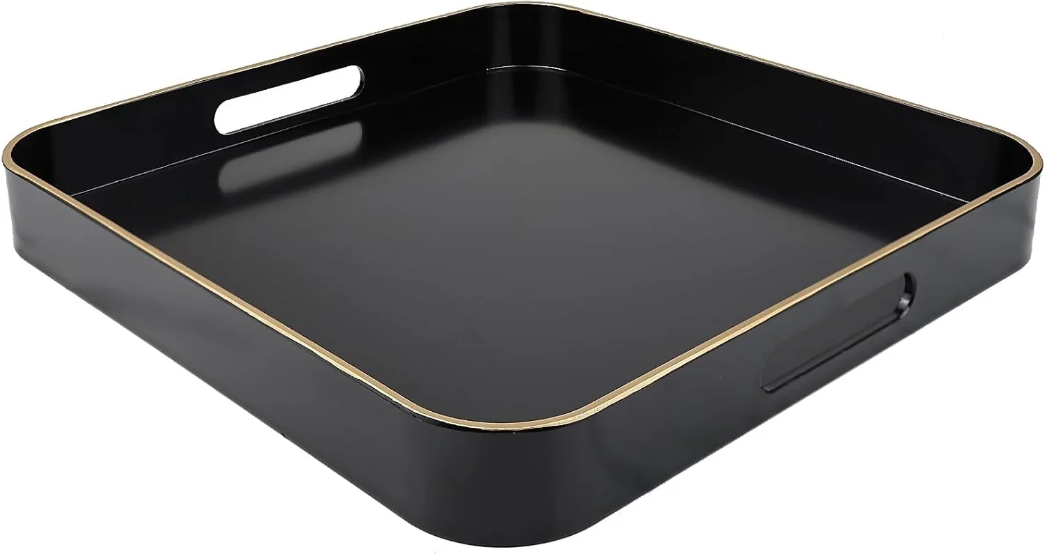 Durable Black Square Decorative Tray with Handles 13 13 Versatile Serving Tray for Coffee Table Ottoman I for Serving Displaying Organizing Prestigious