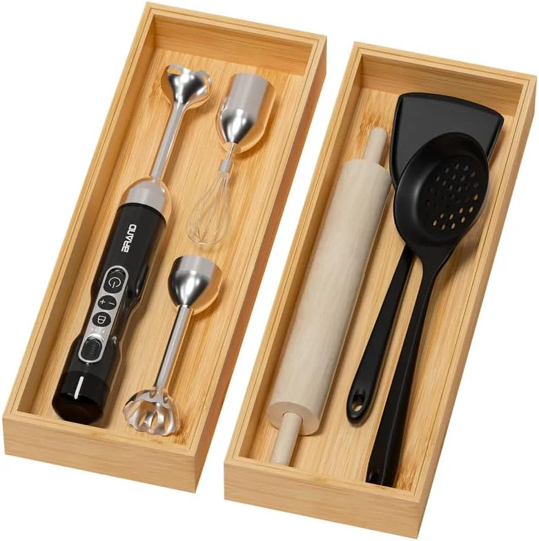 High-Performance Bamboo Drawer Organizer for Kitchen Bath Extra Large Stackable Tray for Silverware Toiletries Utensils 2 Pcs 17 x 6 x 2 Outer Premium
