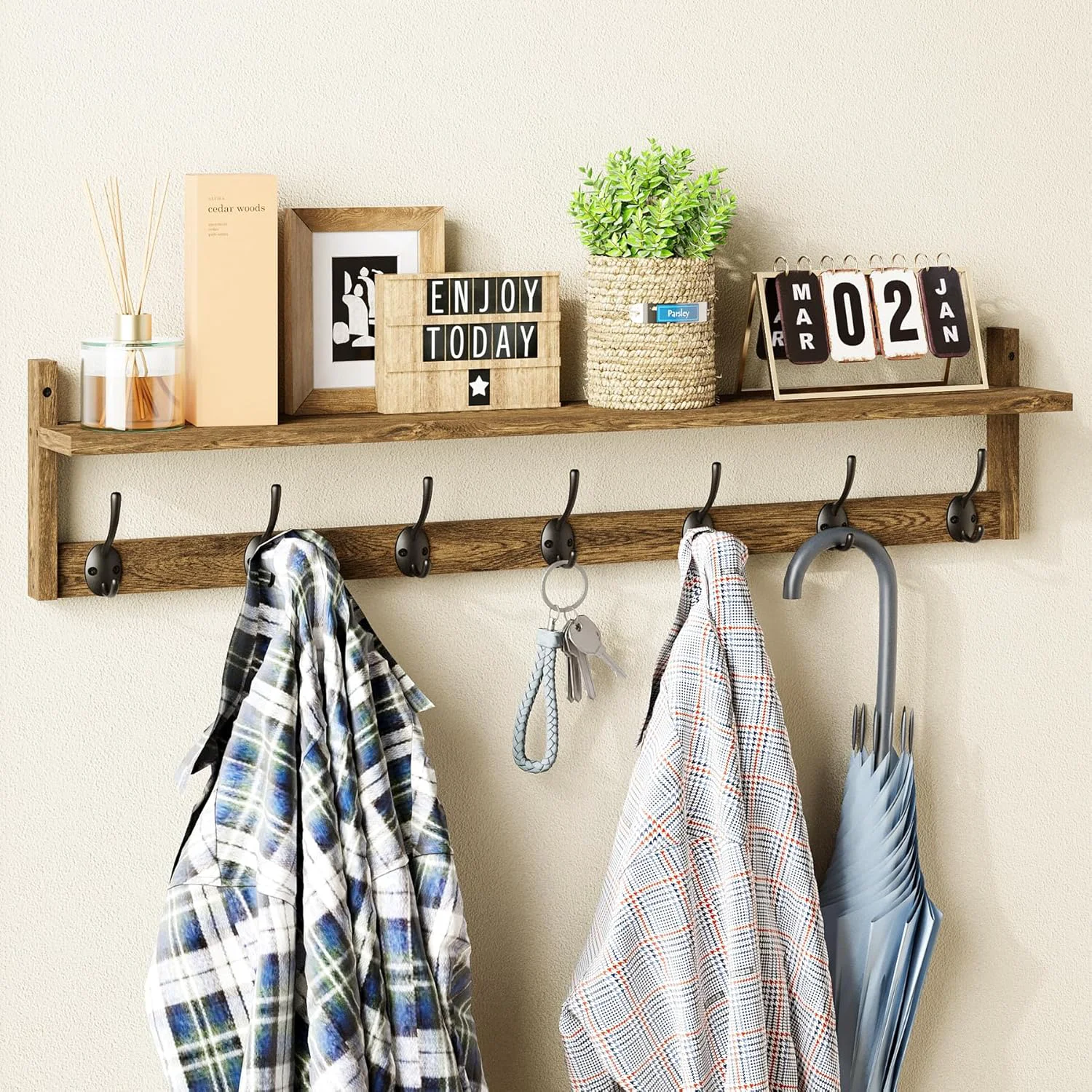 Sophisticated Bameos Coat Rack Wall Mount Large Wooden Coat Hooks with Shelf 35 L 7 Dual Metal Hooks for Entryway Bathroom Kitchen Living Room Bedroom Breathable