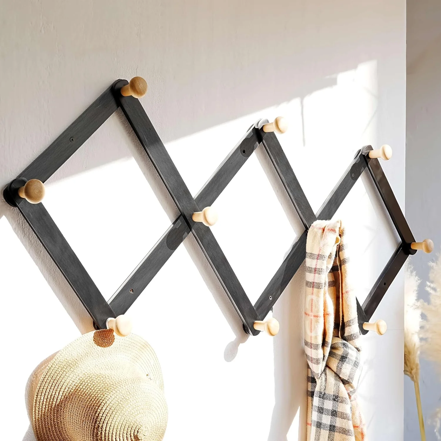 Prestigious Dseap Expandable Coat Rack Larger Version - 24 High Anti-Slip Ultra Heavy Duty Wooden Accordian Wall Hanger with 10 Study Peg Hooks for Clothing Excellent