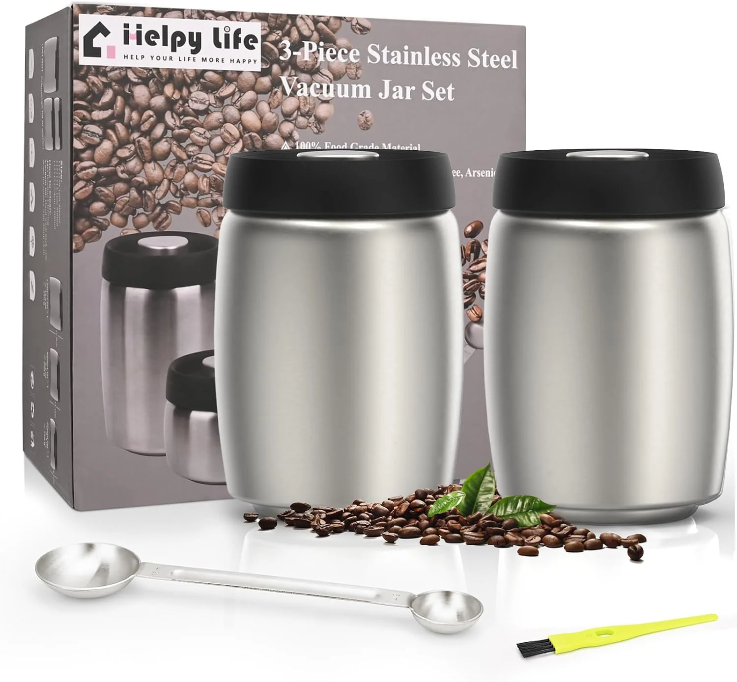 Exclusive Vacuum Coffee Canister Stainless Steel Airtight Coffee Storage Containers Set with Measuring Scoop and Airtight Lid for Coffee Grounds Beans Loose Tea Sugar Spices 2400ml 32OZ L 2 Silver Safe