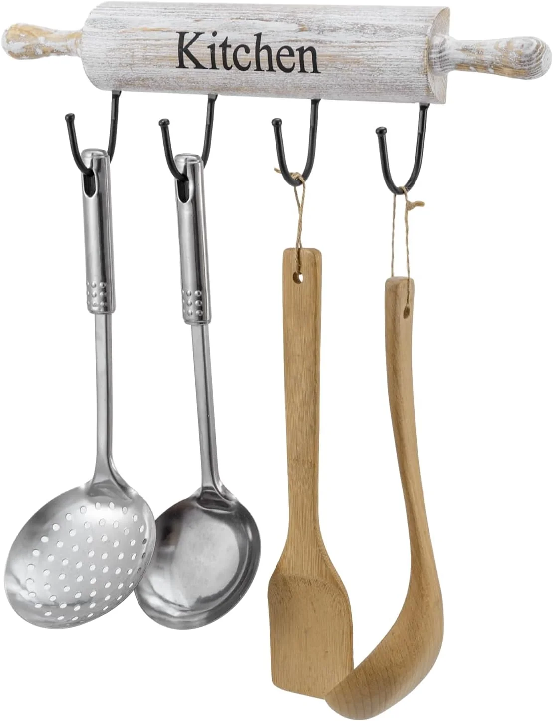 Responsible MyGift Wall Mounted Kitchen Utensil Rack Rustic White Washed Wood Rolling Pin Cooking Tool Hanger with 4 Hooks for Aprons Dish Towel Mugs Spoons Convenient