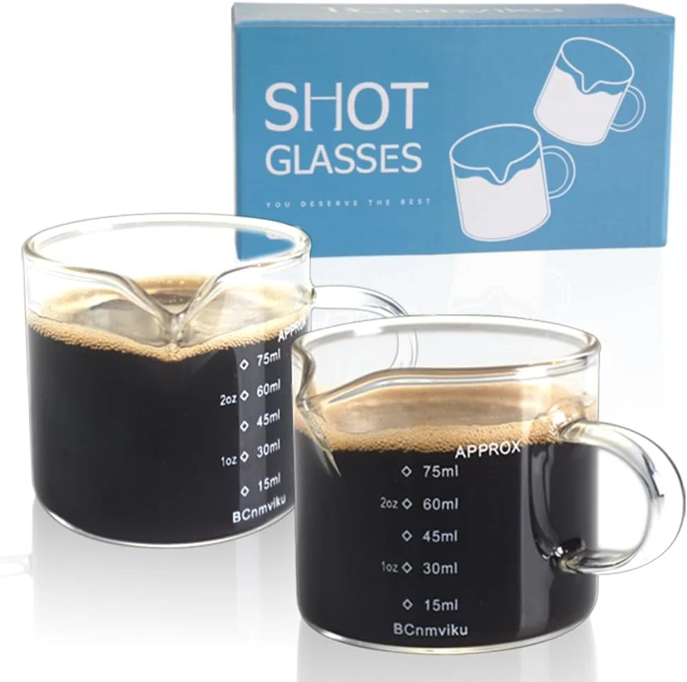 Relaxed BCnmviku 2 Pack Espresso Glass Measuring Cup Triple Pitcher Milk Cup 75ML Espresso Cups with Handle Shot Glass with V-Shaped Mouth Clear Accessories Detailed