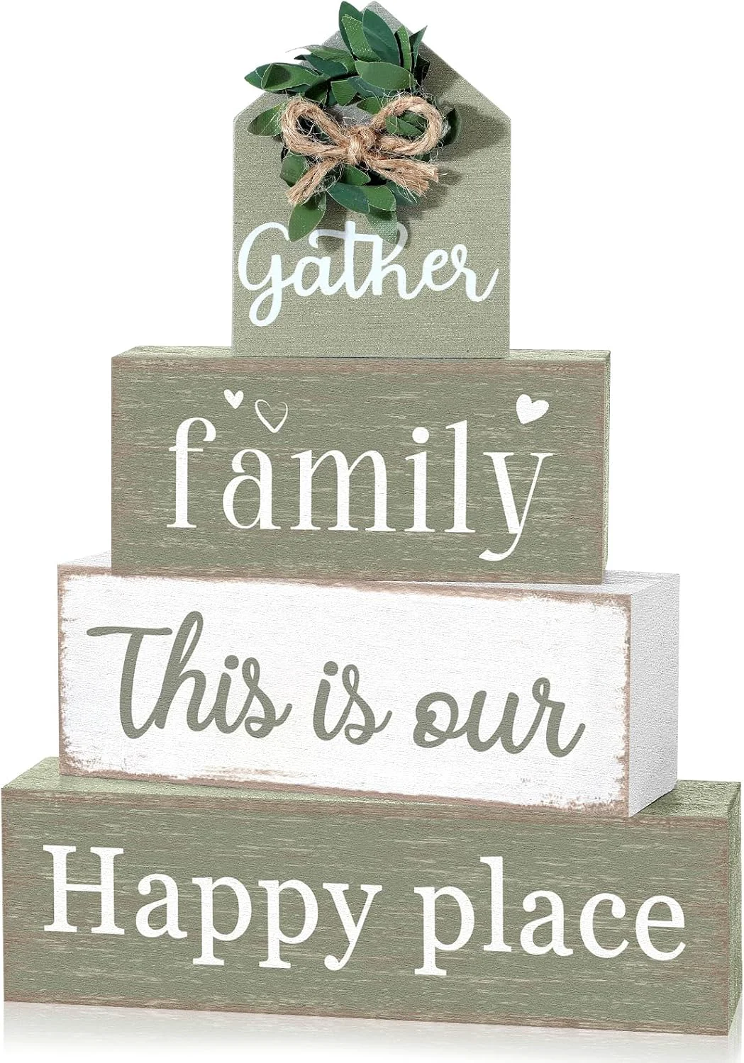 Efficient Cinnvoice 4 Pcs Farmhouse Table Decoration Rustic Sign Block Gather Family Sage Green Eucalyptus Wood Sign Home Tabletop Centerpiece Farmhouse Decor for Home Kitchen Office Shelf Mantel Decor Reliable
