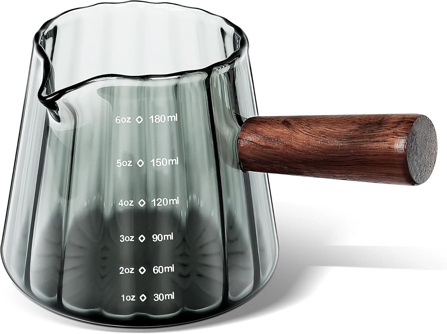 Professional Joeyan 6 oz Grey Glass Measuring Cups with Spout Borosilicate Glass Triple Pitcher with Scale Minimalist
