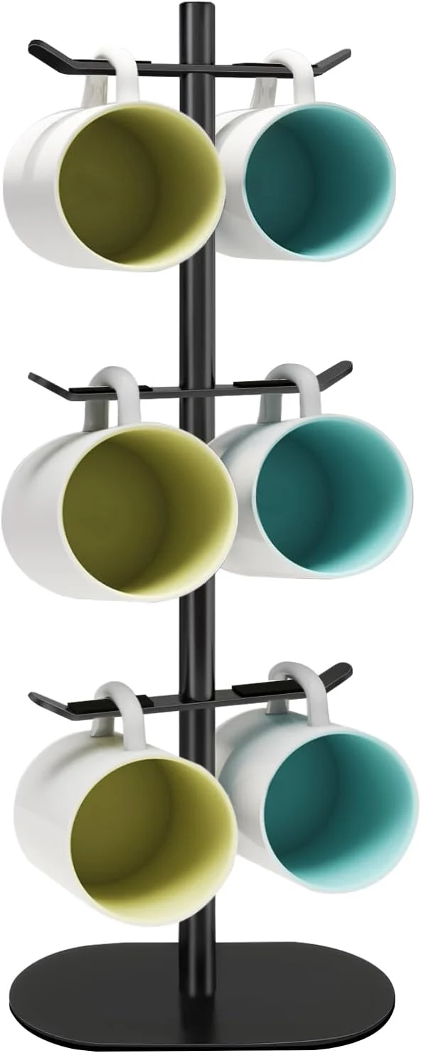 Fine Cup Holder Tree with 6 Hooks Metal Coffee Mug Rack Stand Black Enhanced