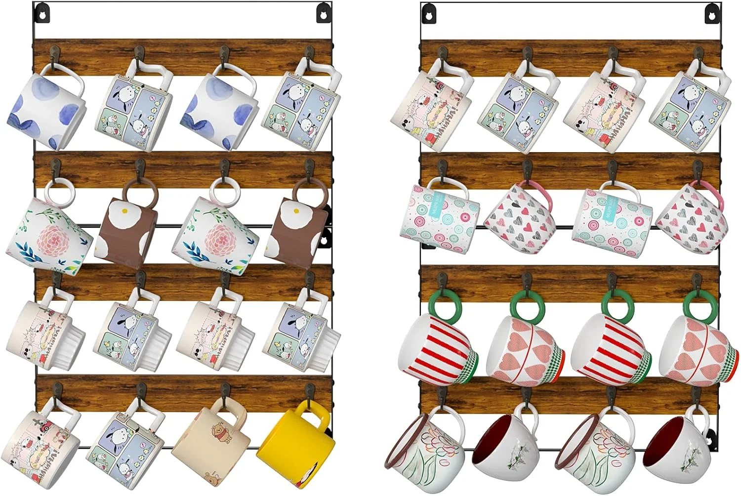 Flexible Rustic Wood Coffee Mug Rack - Wall Mount Cup Holder Shelf Storage for Kitchen Home Bar Office 4 Pack Holds 32 Mugs Proven