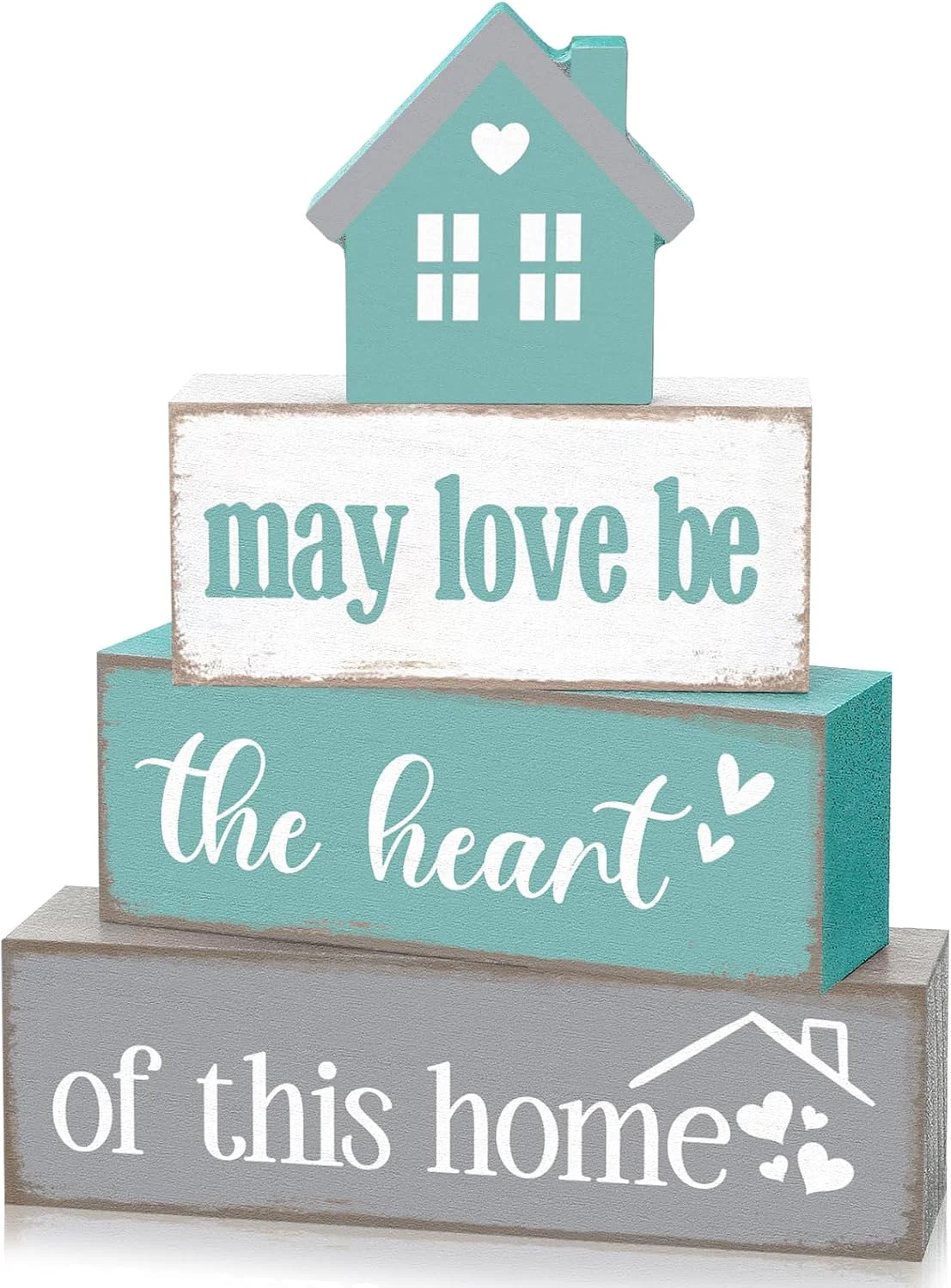 Fine Crafted Cinnvoice 4 Pcs Farmhouse Table Decoration Rustic Sign Block May Love Be Home Heart Wood Sign Teal and Grey Tabletop Centerpiece Farmhouse Decor for Home Indoor Kitchen Shelf Tier Tray Decor Organic