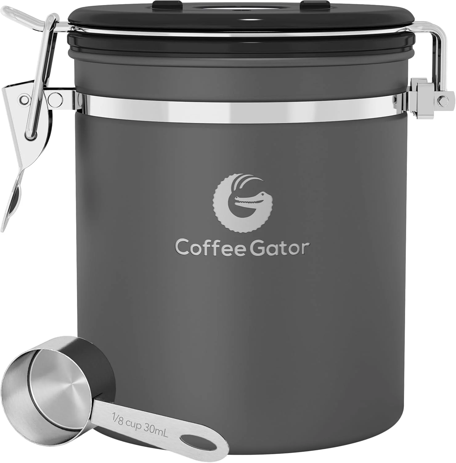Pure Coffee Gator Stainless Steel Canister - Medium 16oz Gray Coffee Grounds and Beans Container with Date-Tracker CO2-Release Valve Classic
