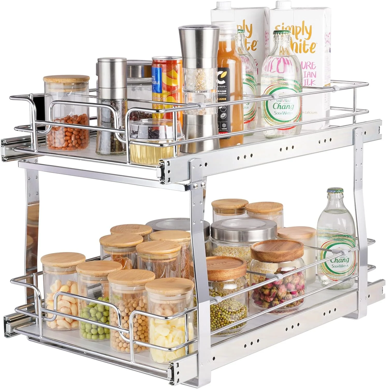 Green VEVOR Pull Out Cabinet Organizer 14 Wx21.2 Dx15.2 H Heavy 2 Tier Duty Slide Out Pantry Shelves Chrome-Plated Steel Roll Out Drawer for Under Sink 15.5 Wx22.5 Dx19 H Install Size for Cabinet Original Design
