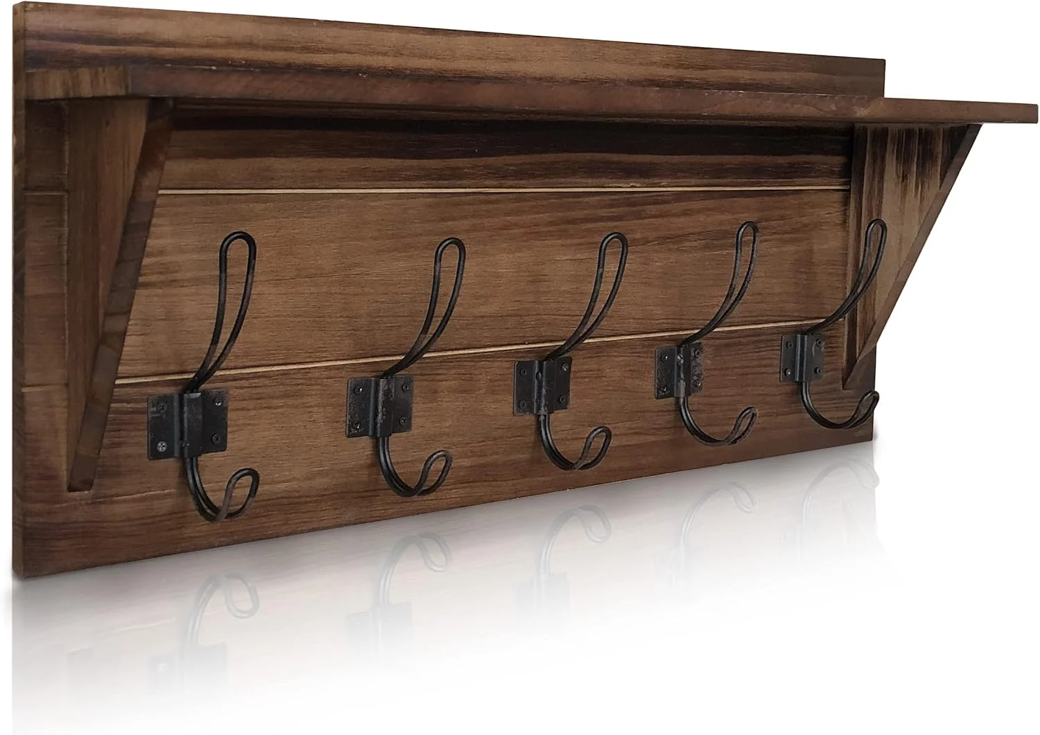 Original Hbcy Creations Rustic Brown Solid Wood Wall Mounted Coat Rack with Shelf 5 Hooks 24 Long - Kitchen Mudroom Entryway Bathroom Detailed