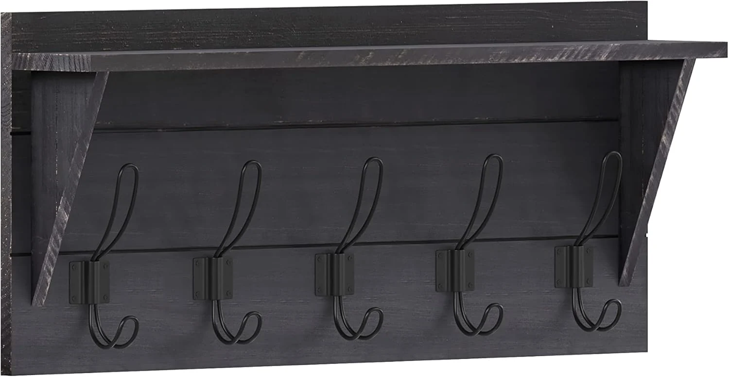 Lightweight Hbcy Creations 24 Wall Mounted Storage Rack - Pine Wood Construction - Black Wash - Upper Storage Shelf - 5 Hooks - I for Entryway Kitchen High-End