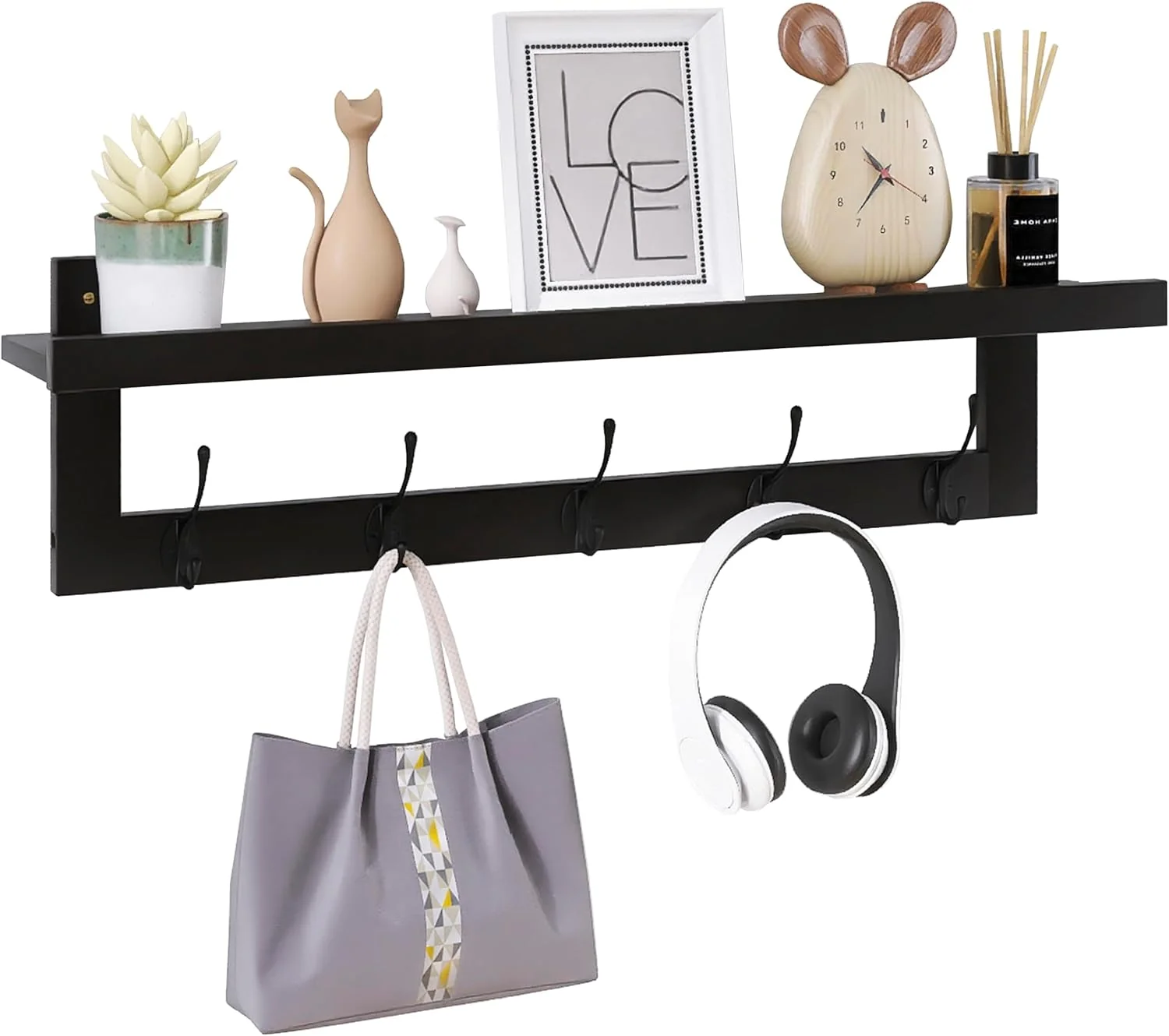 Eco-Friendly Smibuy Coat Hooks with Shelf Wall-Mounted 29.2 Inch Entryway Coat Rack for Wall Bamboo Hanging Shelf with 5 Double Metal Hooks for Bathroom Clean