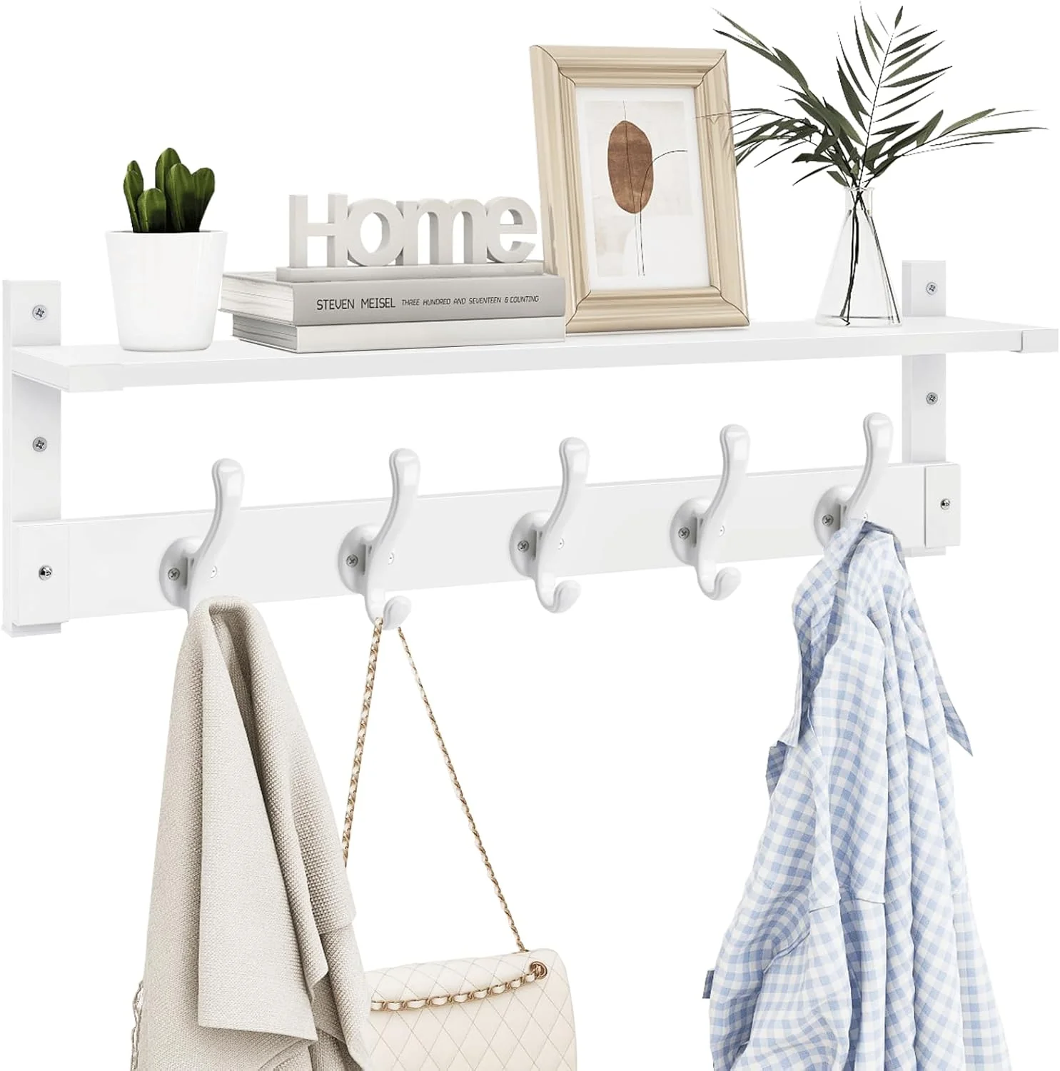 Premium Material Homode Coat Rack With Wall Shelf 29 Wooden Entryway Floating Shelf With Hooks Underneath Hanging Coat Hanger for Bathroom Living Room Bedroom Secure