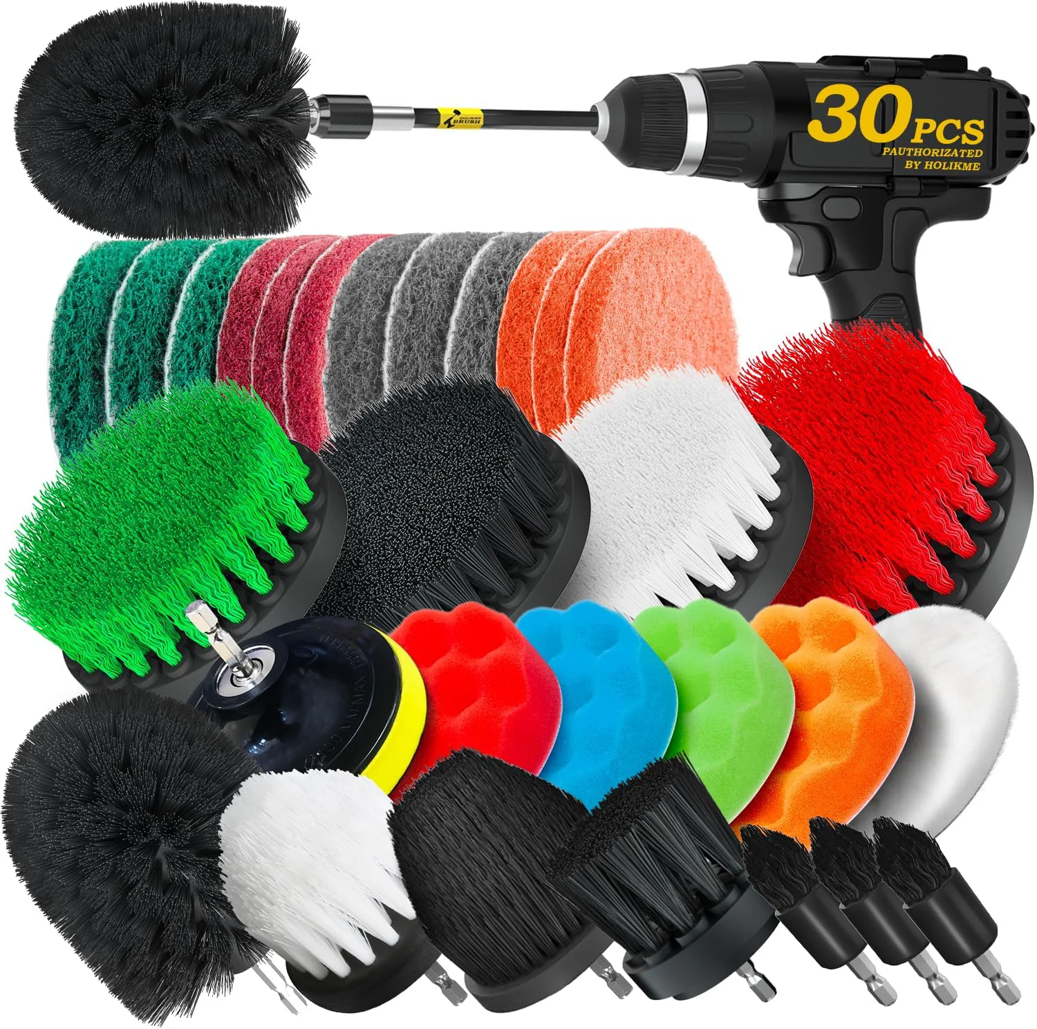 Original Design Holikme 30 Piece Drill Brush Set Scrub Pads Scrubber Brush with Extend Long Handle Clean for Grout Tiles Bathtub Bathroom Kitchen Black Functional