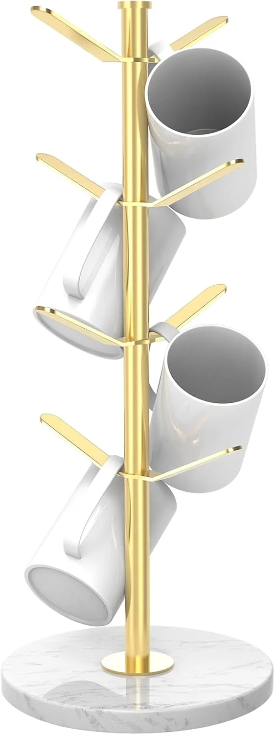 Long-Lasting Marble Mug Holder Tree with 8 Hooks Stainless Steel Coffee Cup Holder Non-Slip Silicone Pads Heavy Duty Marble Base Innovative