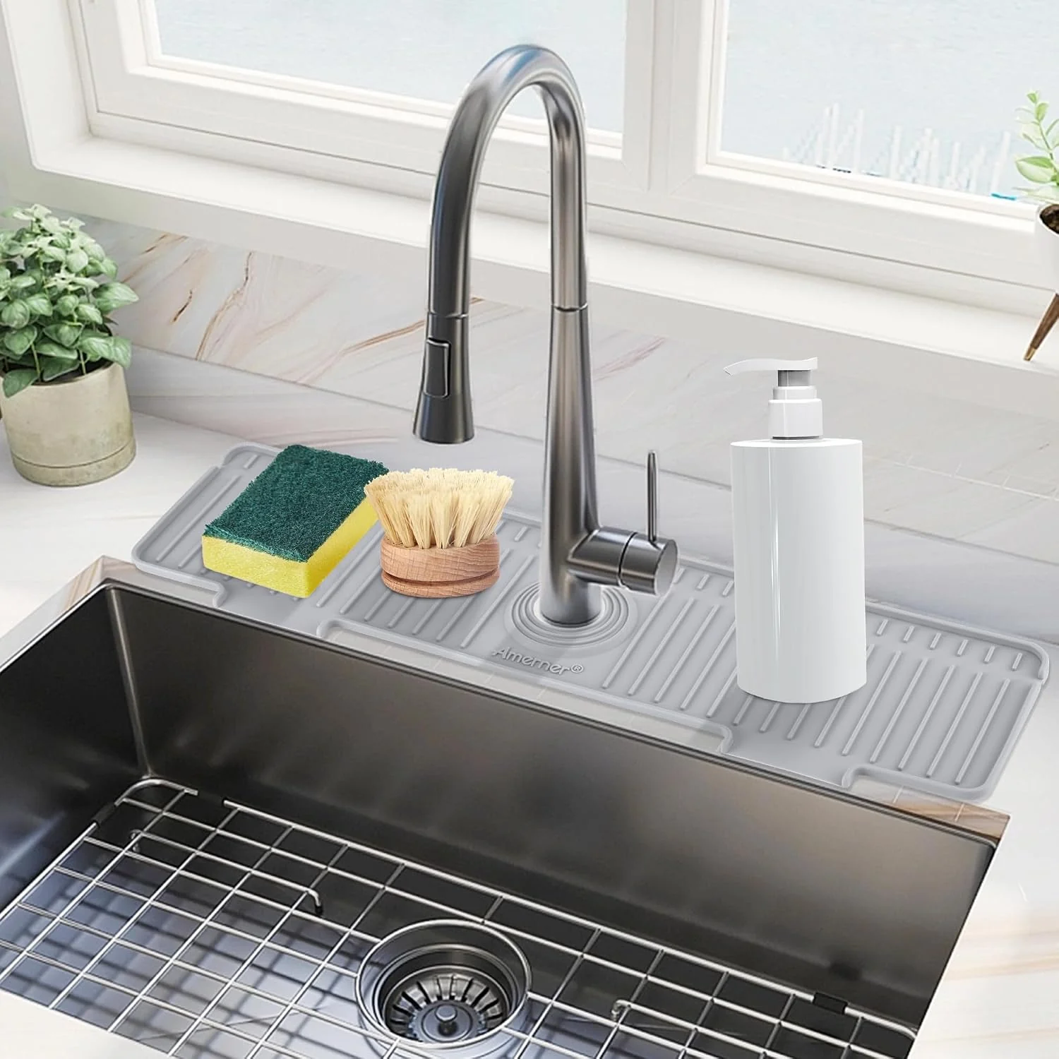 Green Amerner 20 inch Kitchen Sink Splash Guard 10° Large Slope amp Adaptable Hole Faucet Mat for Kitchen Sink Silicone Sink Organizer Sponge Holder for Kitchen Bathroom RV Bar 20 x 5.5 Gray Proven