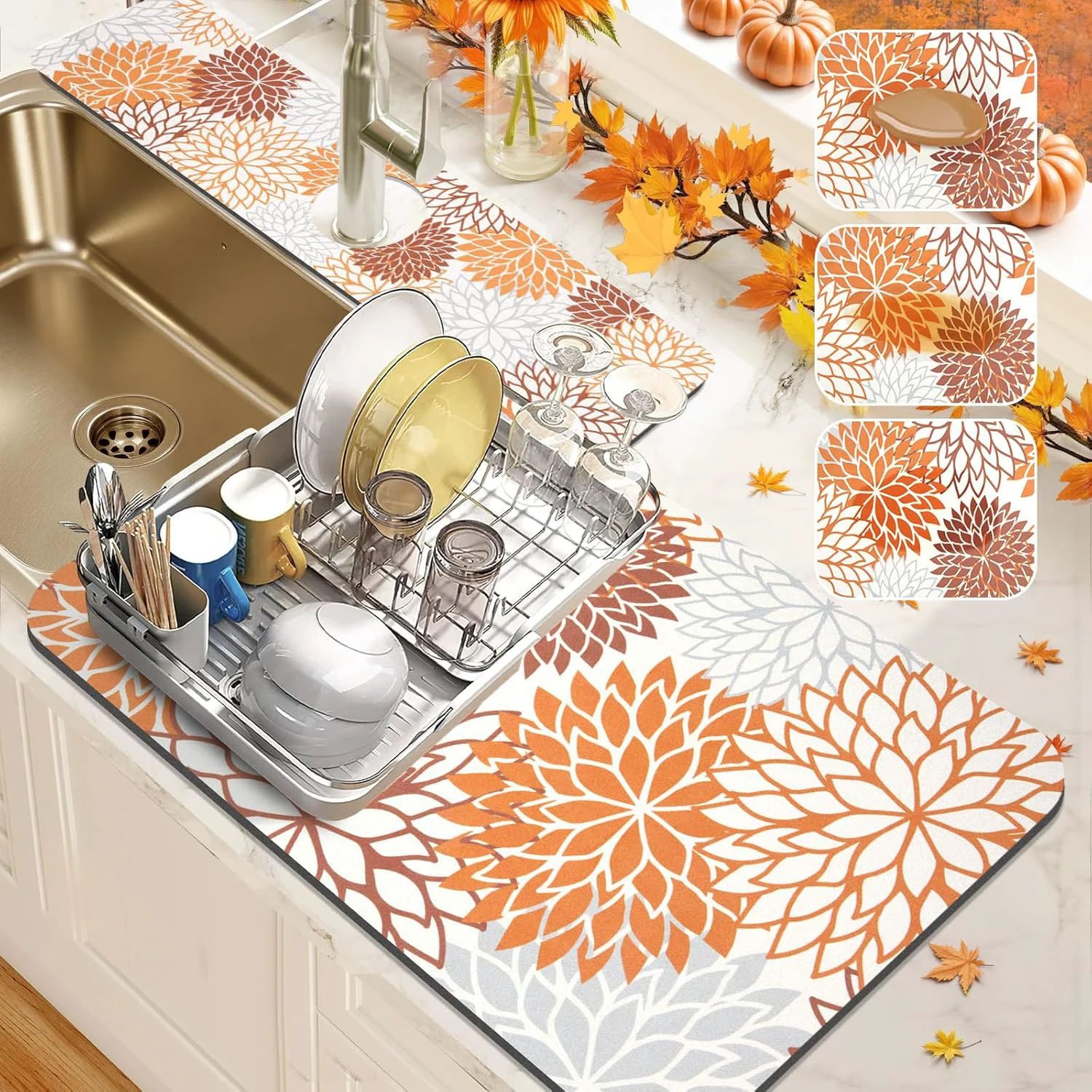 Practical Findosom 2PCS 16 x 24 Fall Dish Drying Mat 24 x 5.5 Sink Splash Guard Super Absorbent Cuttable Dish Mat Drying Kitchen Mat with Orange Smooth