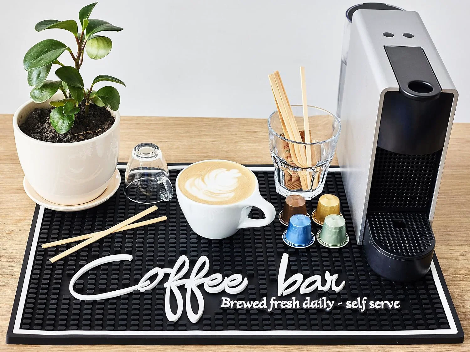 Sophisticated Brewed Fresh Daily Silicone Coffee Bar Mat 18x12 in Self Serve Coffee Station Sign Mat Hostess Gift Farmhouse Kitchen Decor Non-Slip Espresso Machine Mat Barista Accessories Detailed