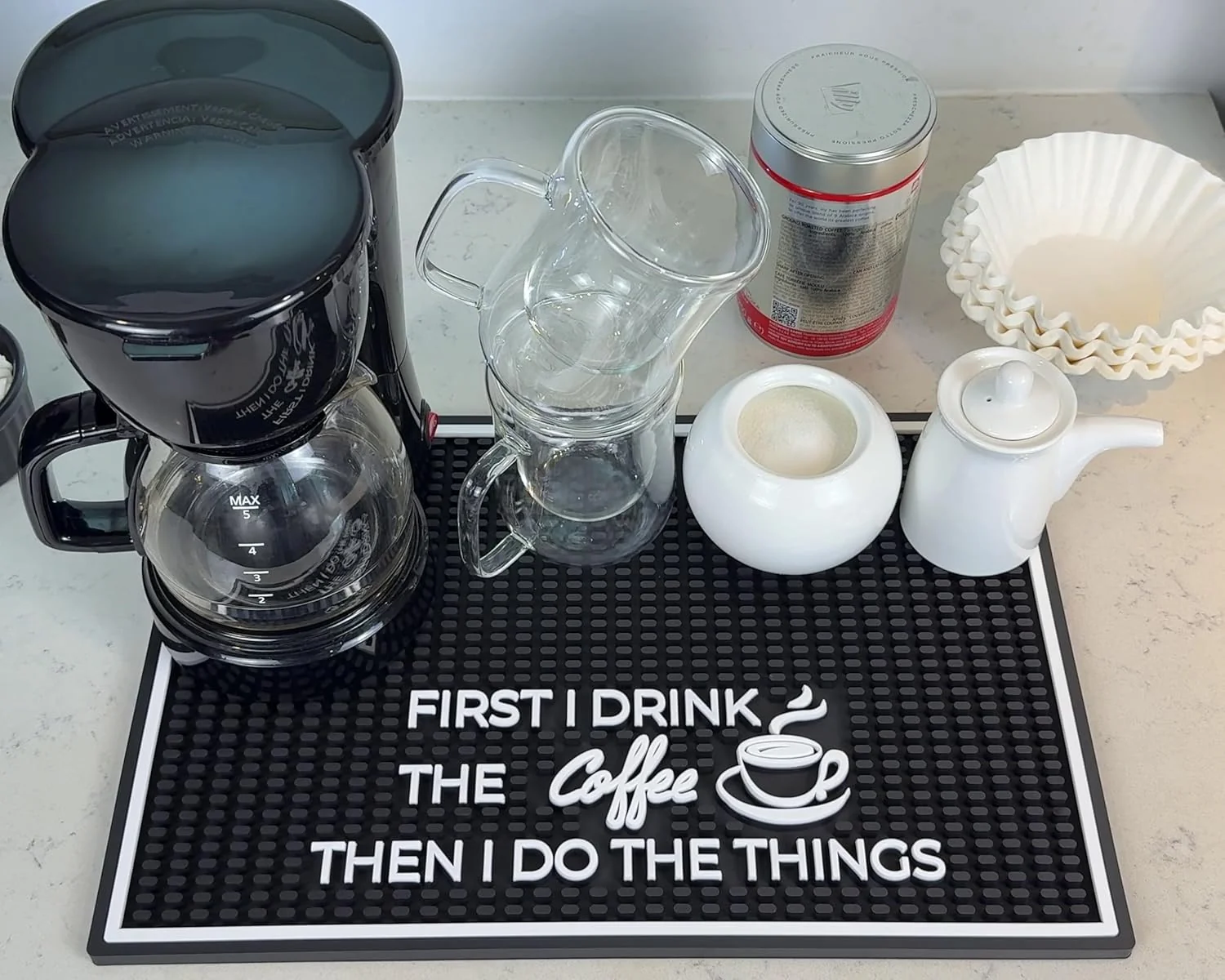 Elite Coffee Matt for Counter First I Drink The Coffee Then I Do The Things 18x12 in Non-Slip Silicone Espresso Maker Mat for Countertops Aloha Advanced