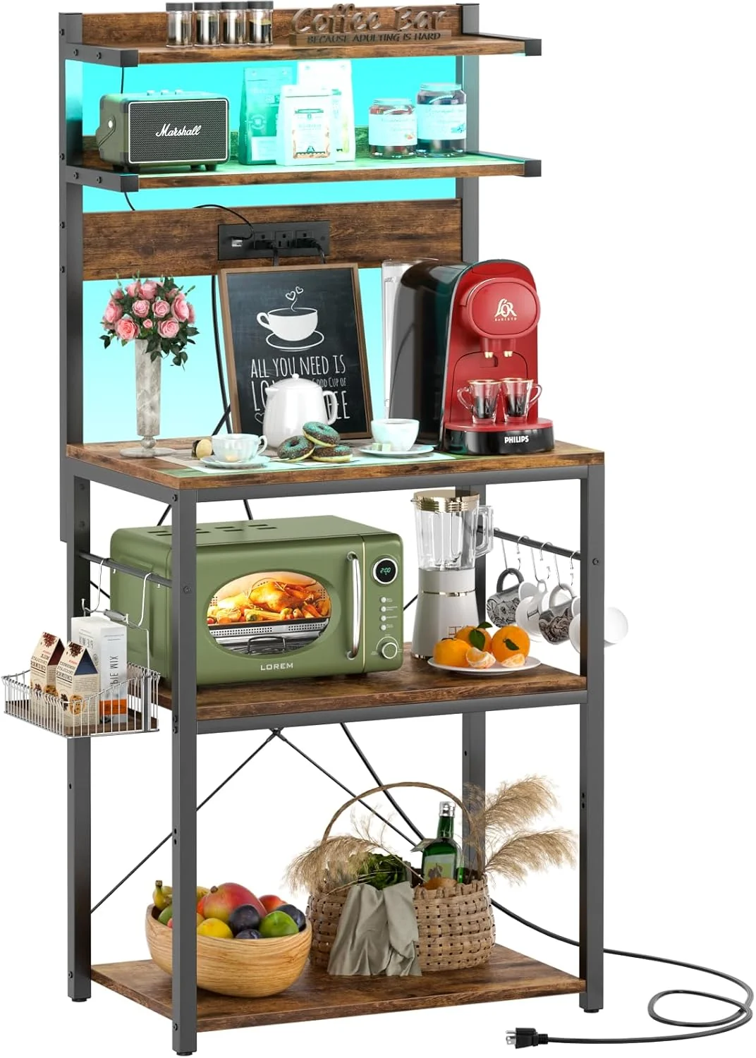 Enhanced Aheaplus Bakers Rack with Power Outlet Microwave Stand 5 Tiers Coffee Bar Station with Led Lights Kitchen Storage Shelf with 6 S-Shaped Hooks Consistent