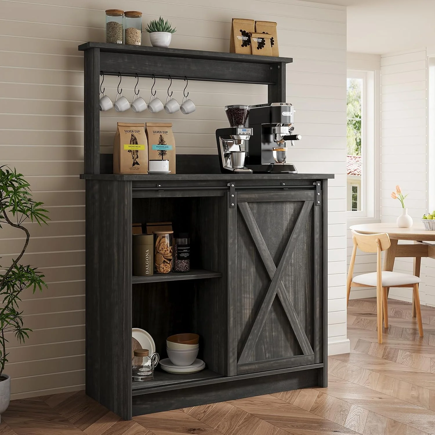 Premium 4ever2buy Farmhouse Coffee Bar Cabinet with Sliding Barn Door 31.5 Dark Oak Clean