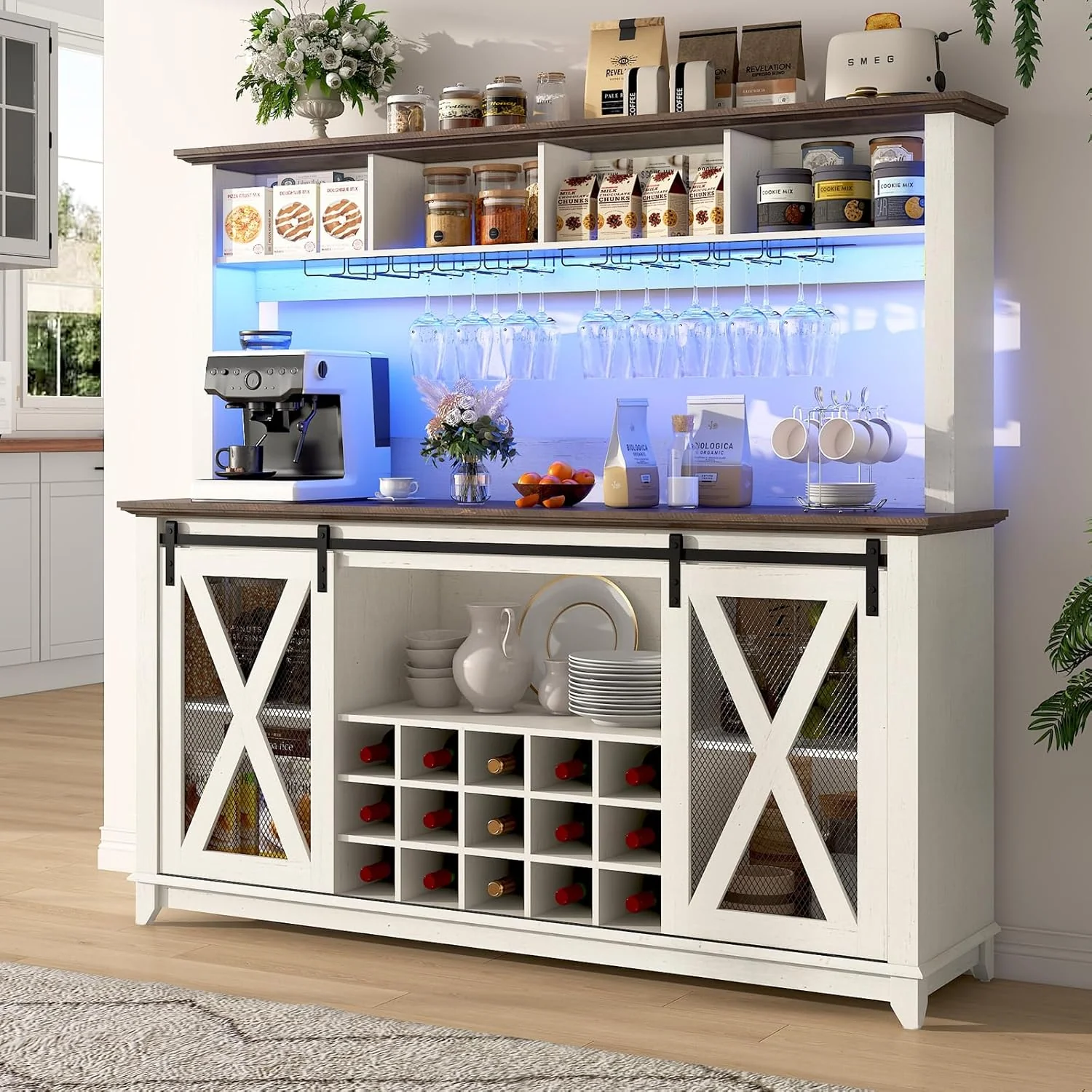 Reliable 63 Wide 58 H Farmhouse Coffee Bar Cabinet with LED Light Wine Bar Cabinet w 4 Storage Hutch Secure